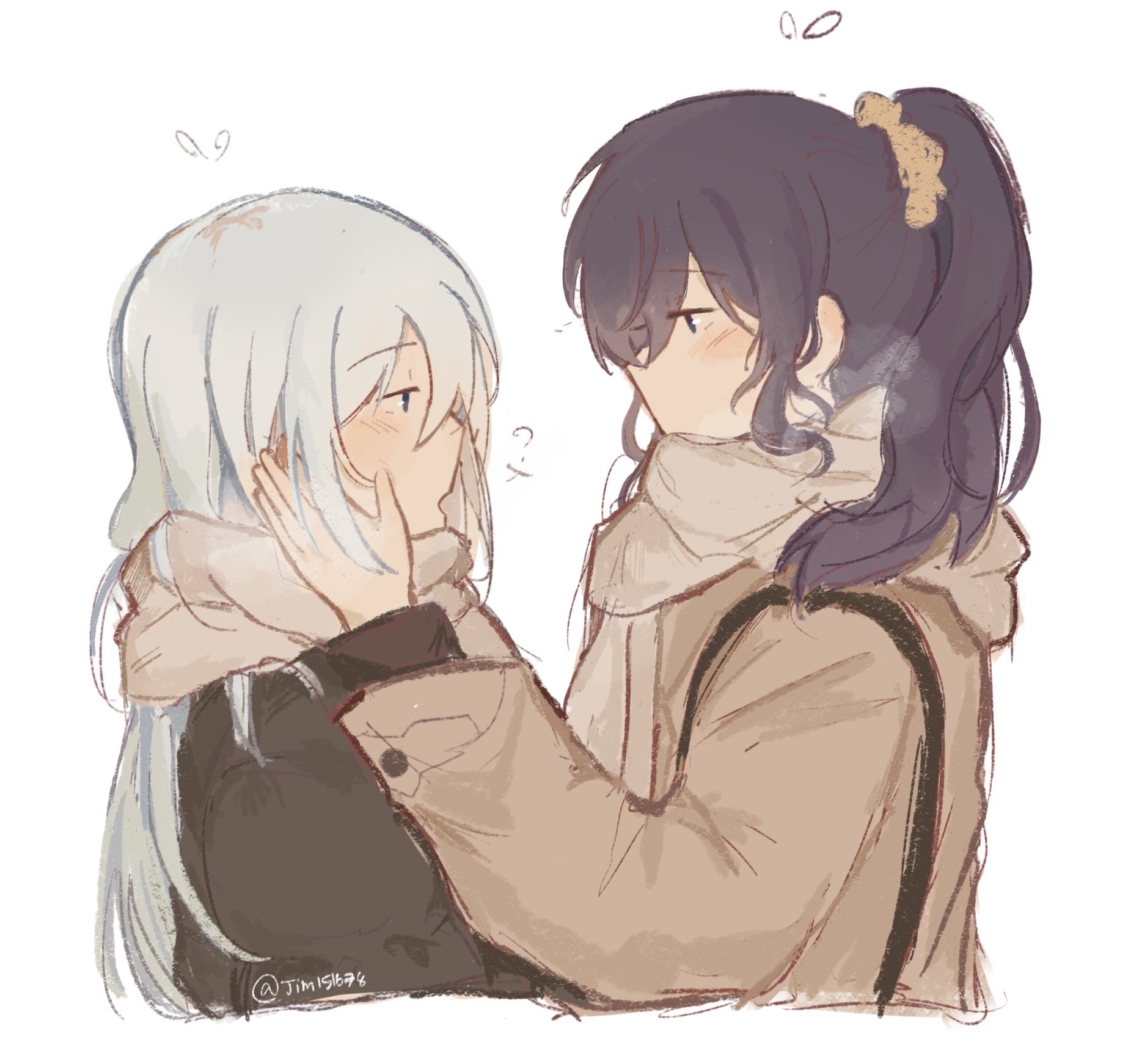 asahina mafuyu, yoisaki kanade, project sekai, commentary, english commentary, highres, 2girls, blush, brown coat, coat, flying sweatdrops, hand on another's face, jimmy1516789, long hair, multiple girls, ponytail, purple hair, scarf, simple background, upper body, white background, white hair, white scarf, yuri