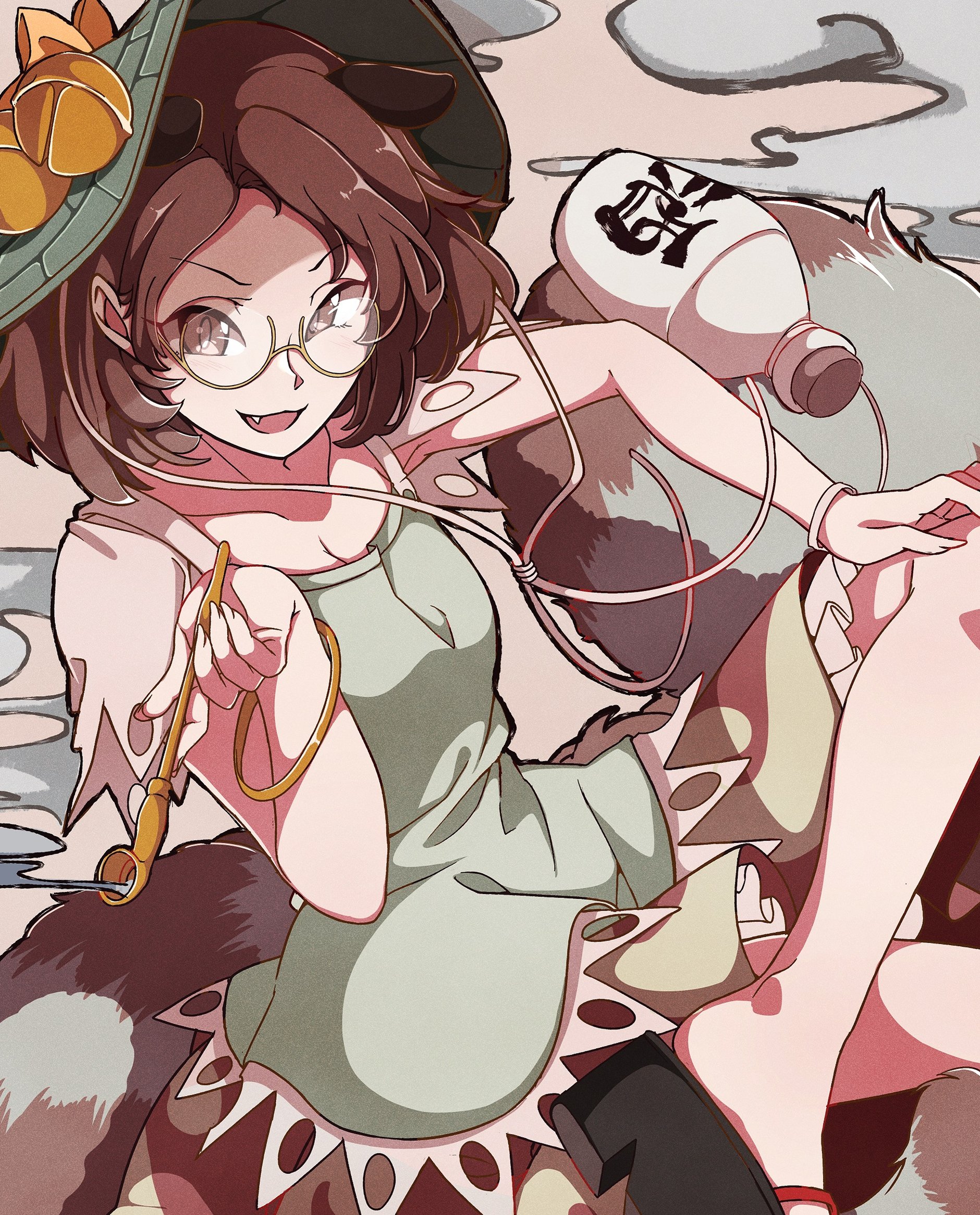 gokuu (acoloredpencil), futatsuiwa mamizou, touhou, commentary request, highres, 1girl, :3, :d, animal ears, bottle, bracelet, brown eyes, brown hair, brown skirt, collarbone, fang, fingernails, frilled skirt, frills, furrowed brow, gold bracelet, green hat, green shirt, hand on own knee, hat, hat belt, holding, holding smoking pipe, jewelry, kiseru, looking at viewer, medium hair, multicolored skirt, no socks, okobo, open mouth, platform sandals, raccoon ears, raccoon tail, sake bottle, sandals, semi-rimless eyewear, shirt, skirt, smile, smoke, smoke trail, smoking pipe, solo, tail, tanuki, tokkuri, under-rim eyewear