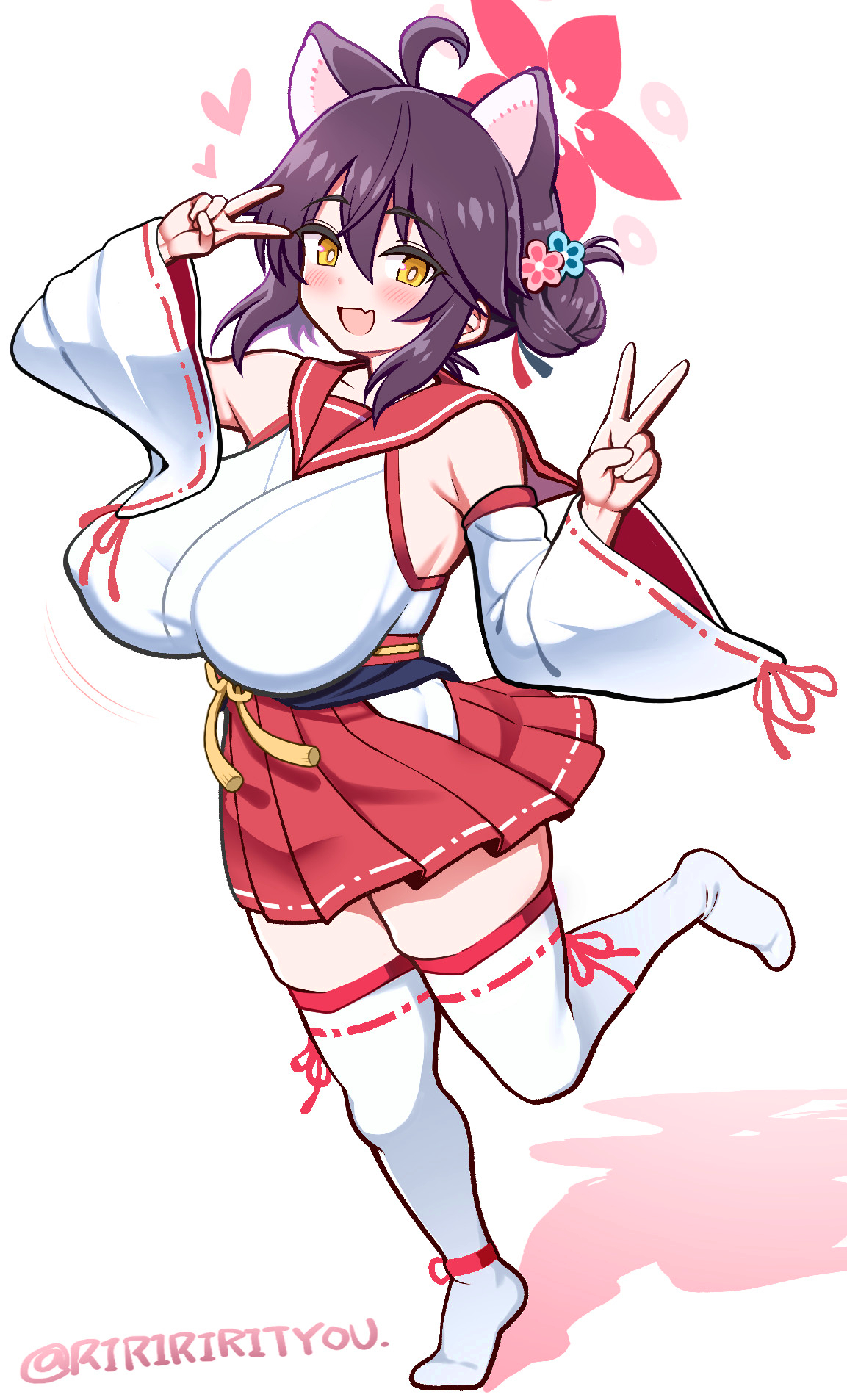 richou (zerozero1101), kaede (blue archive), blue archive, highres, 1girl, ahoge, animal ears, breasts, detached sleeves, fang, hair bun, hakama, halo, japanese clothes, kimono, long hair, looking at viewer, oppai loli, pleated skirt, raccoon ears, raccoon girl, red hakama, red halo, red sailor collar, sailor collar, simple background, single side bun, skin fang, skirt, sleeveless, sleeveless kimono, smile, solo, thighhighs, white background, yellow eyes, zettai ryouiki