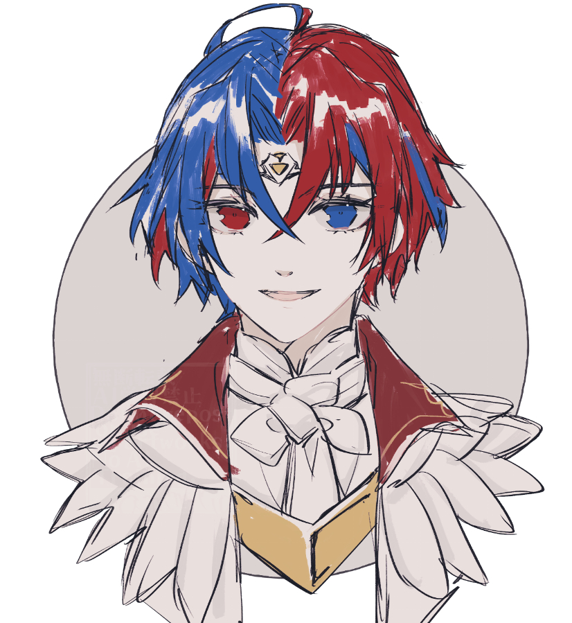 male alear (engaging fire) (fire emblem), male alear (fire emblem), fire emblem, fire emblem engage, fire emblem heroes, nintendo, 1boy, amamorimori, blue eyes, blue hair, crossed bangs, heterochromia, looking at viewer, male focus, multicolored hair, official alternate costume, prince, red eyes, red hair, solo, split-color hair, two-tone hair