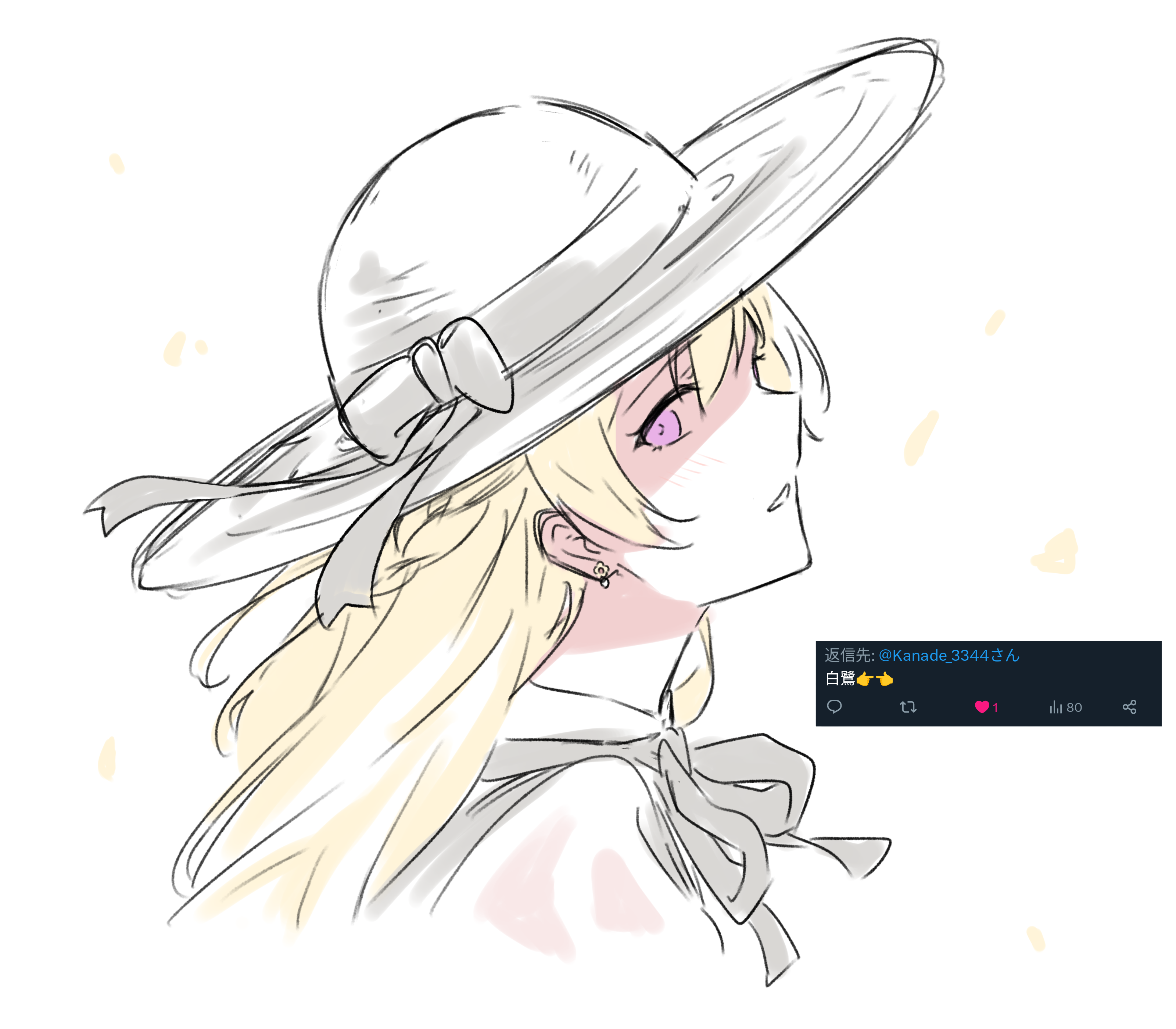 kanade (kanade 3344), shirasagi chisato, bang dream!, absurdres, commentary request, highres, translated, 1girl, blonde hair, earrings, falling petals, half updo, hat, jewelry, long hair, open mouth, petals, purple eyes, request inset, solo, sun hat, white background, white hat