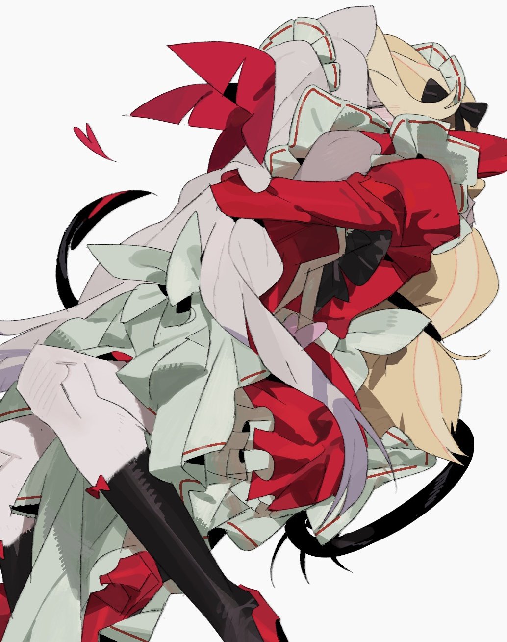 bilidongdong, charlie morningstar, vaggie, hazbin hotel, hellaverse, highres, 2girls, black socks, blush, closed eyes, demon tail, dress, grey hair, heart, hug, implied kiss, kneehighs, long hair, multiple girls, red dress, simple background, socks, tail, white background, yuri