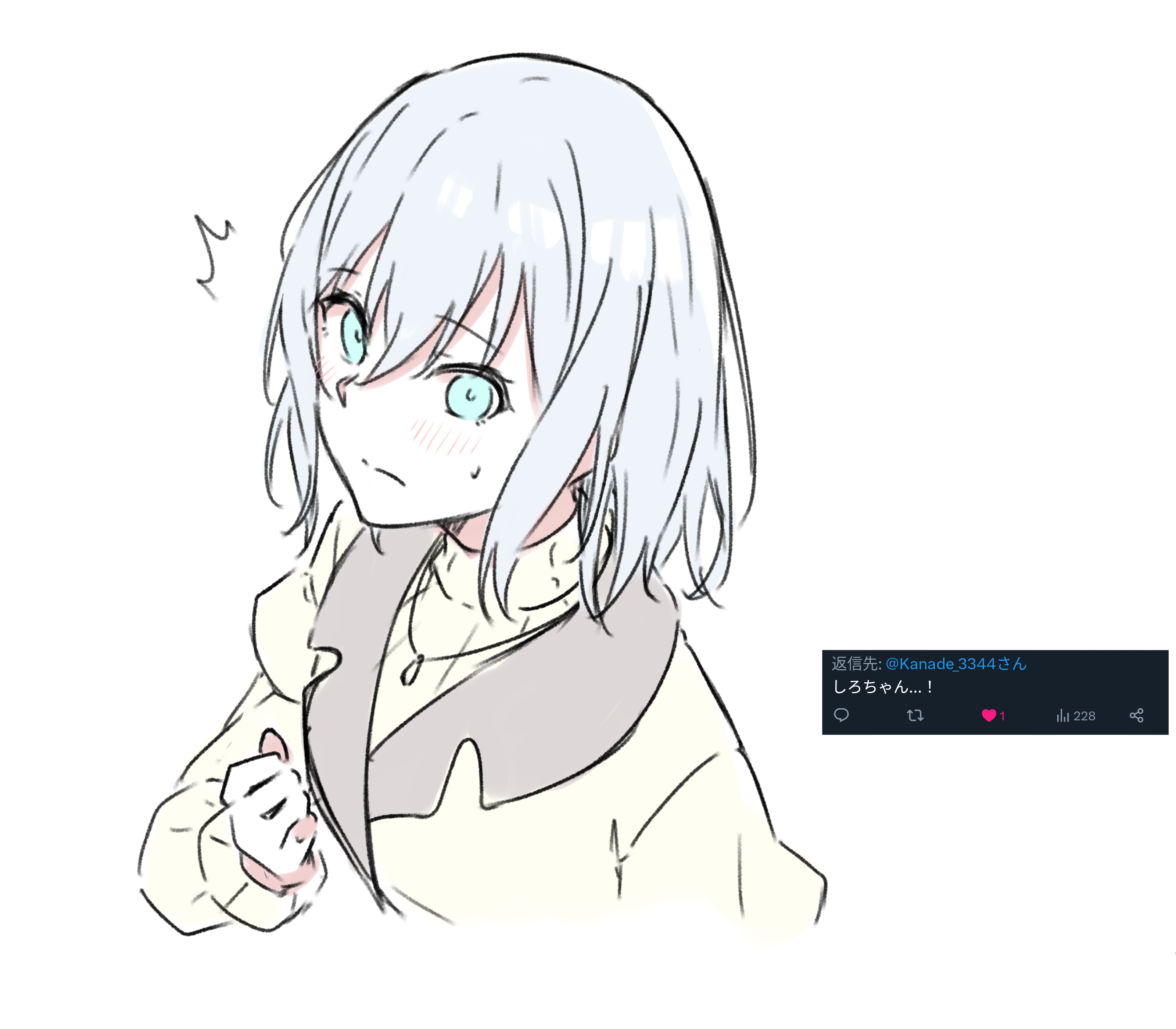 kanade (kanade 3344), kurata mashiro, bang dream!, absurdres, commentary request, highres, translated, 1girl, blue eyes, blush, closed mouth, jewelry, looking at viewer, necklace, request inset, short hair, simple background, solo, sweater, upper body, white background, white hair, yellow sweater