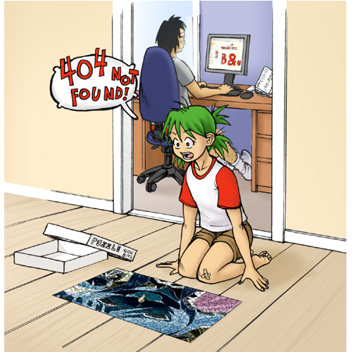 koiwai yotsuba, mr. koiwai, 4chan, yotsubato!, lowres, 1boy, 1girl, 404, barefoot, black hair, green hair, http status code, indoors, quad tails, raglan sleeves, shirt, shorts, socks, speech bubble, surprised, t-shirt, wooden floor
