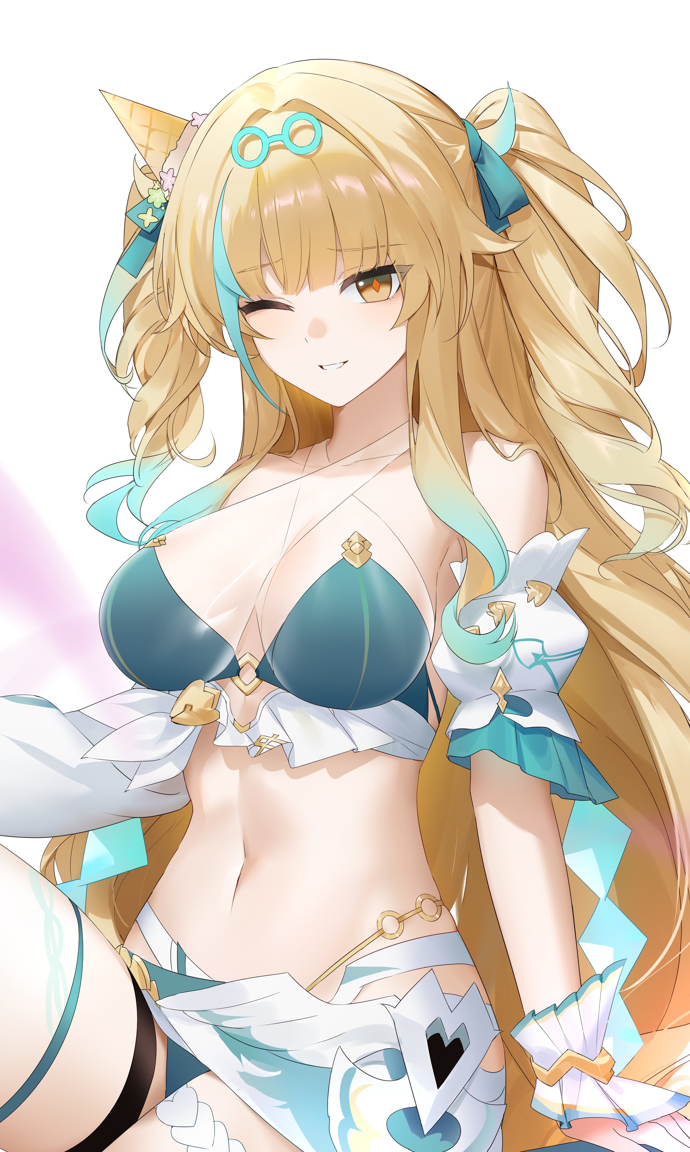 baiser3rd, songque, honkai (series), honkai impact 3rd, absurdres, highres, 1girl, bare shoulders, bikini, blonde hair, breasts, green bikini, large breasts, long hair, looking at viewer, navel, official alternate costume, one eye closed, sarong, simple background, solo, stomach, swimsuit, thigh strap, thighs, very long hair, white background, white sarong