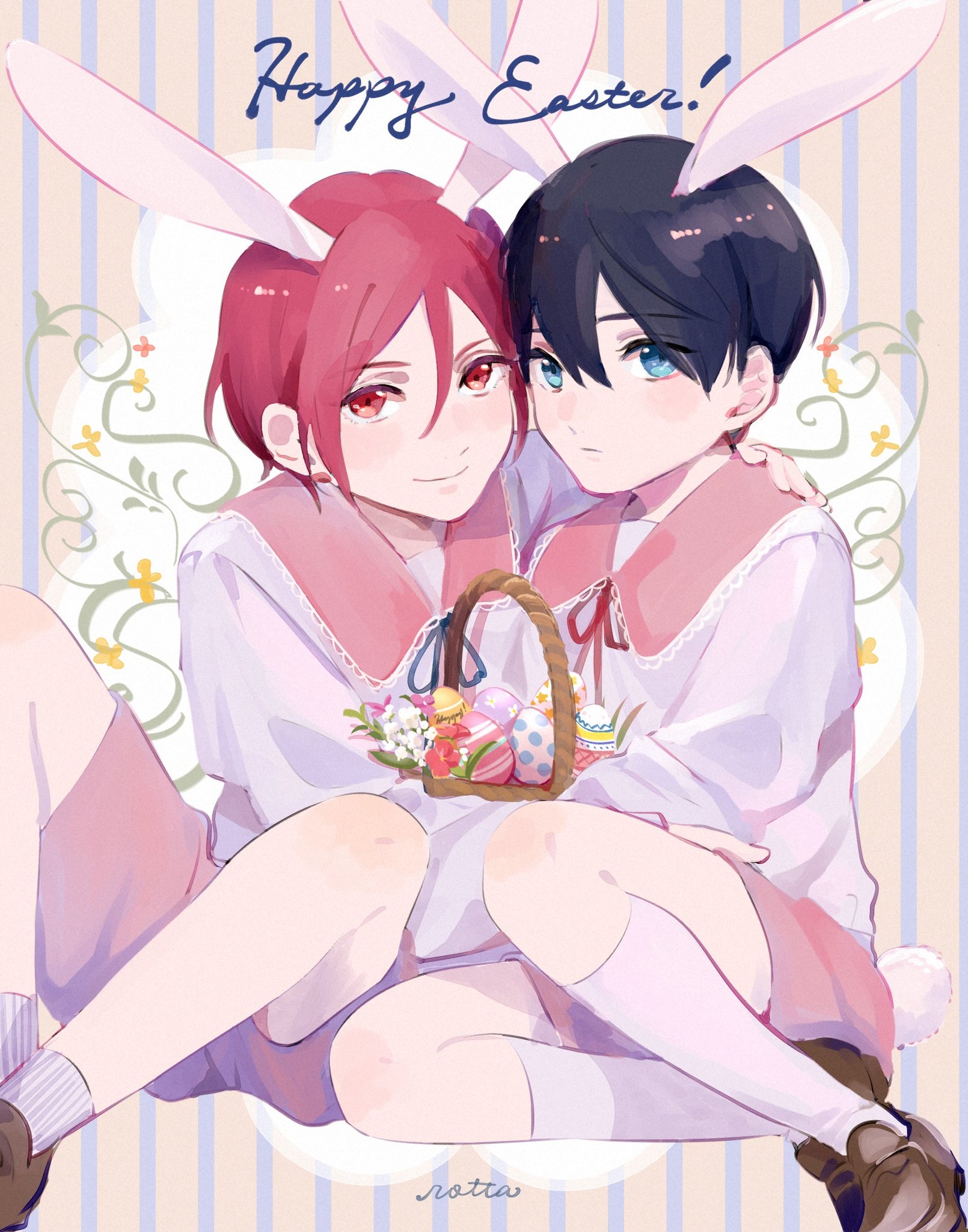 matsuoka rin, nanase haruka (free!), free!, commentary request, highres, 2boys, aged down, animal ears, black hair, blue eyes, brown shoes, easter, easter egg, egg, happy easter, kemonomimi mode, male focus, multiple boys, pink shorts, rabbit ears, red eyes, red hair, shaaark rotta03, shoes, short hair, shorts, sitting, smile, white shorts