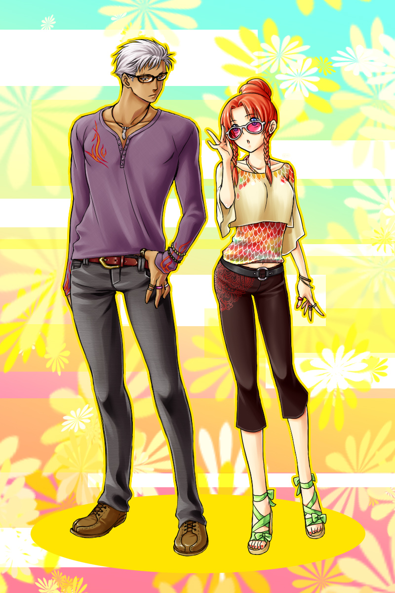 esaka, hong meiling, krizalid, m.u.g.e.n, snk, the king of fighters, touhou, silver hair, highres, 1boy, 1girl, alternate hairstyle, belt, blue eyes, bracelet, braid, casual, contemporary, couple, crossover, dark skin, fashion, glasses, hair bun, hetero, high heels, hippie, jewelry, necklace, orange hair, red hair, ring, sandals, shoes, single hair bun, sunglasses, twin braids