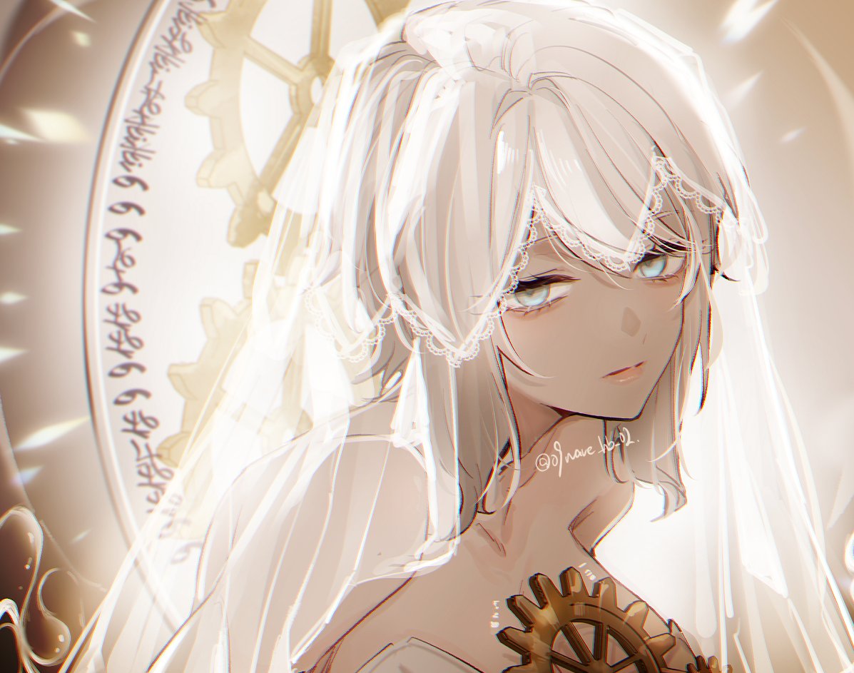 faust (project moon), limbus company, project moon, 1girl, artist name, backless dress, backless outfit, bare shoulders, blue eyes, breasts, bridal veil, cleavage, closed mouth, dress, e.g.o (project moon), everlasting (e.g.o), expressionless, gear hair ornament, gears, large breasts, long sidelocks, looking at viewer, object on breast, short hair, sidelocks, signature, solo, twitter username, veil, vx7givcony78710, wedding dress, white dress, white hair, white veil
