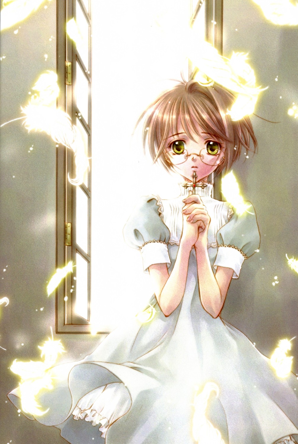 highres, brown hair, cross, dress, feathers, glasses, short hair, window, yellow eyes