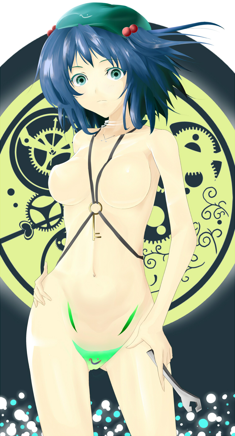 karo, kawashiro nitori, touhou, highres, 1girl, between breasts, blue hair, breasts, breasts apart, clockwork, female focus, green eyes, hair bobbles, hair ornament, hat, key, medium breasts, no nipples, nude, see-through clothes, solo, two side up, wrench