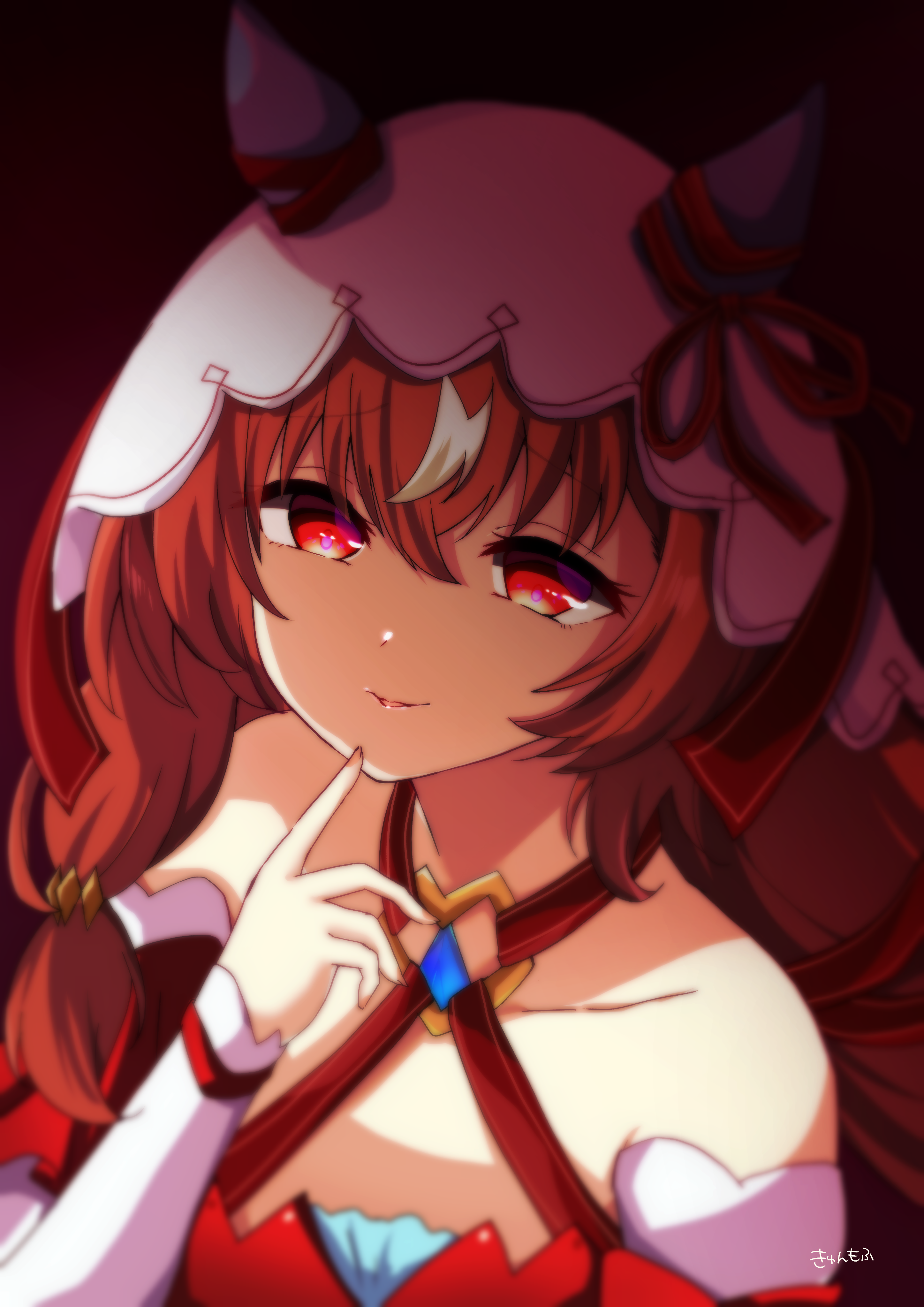 kyunmofu, still in love (scarlet vow raiment) (umamusume), still in love (umamusume), umamusume, absurdres, highres, 1girl, animal ears, brown hair, ear covers, horse ears, horse girl, multicolored hair, red eyes, red ribbon, ribbon, solo, streaked hair, upper body, veil, white veil, yandere