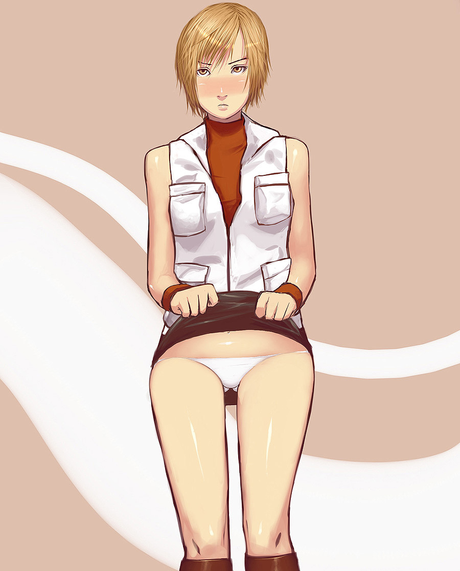 sawao, heather mason, konami, silent hill, silent hill (series), silent hill 3, bad hentai-foundry id, bad id, 1girl, blonde hair, blush, clothes lift, female focus, lowleg, lowleg panties, miniskirt, panties, short hair, skirt, skirt lift, sleeveless, sleeveless turtleneck, solo, turtleneck, underwear, vest, wristband, yellow eyes