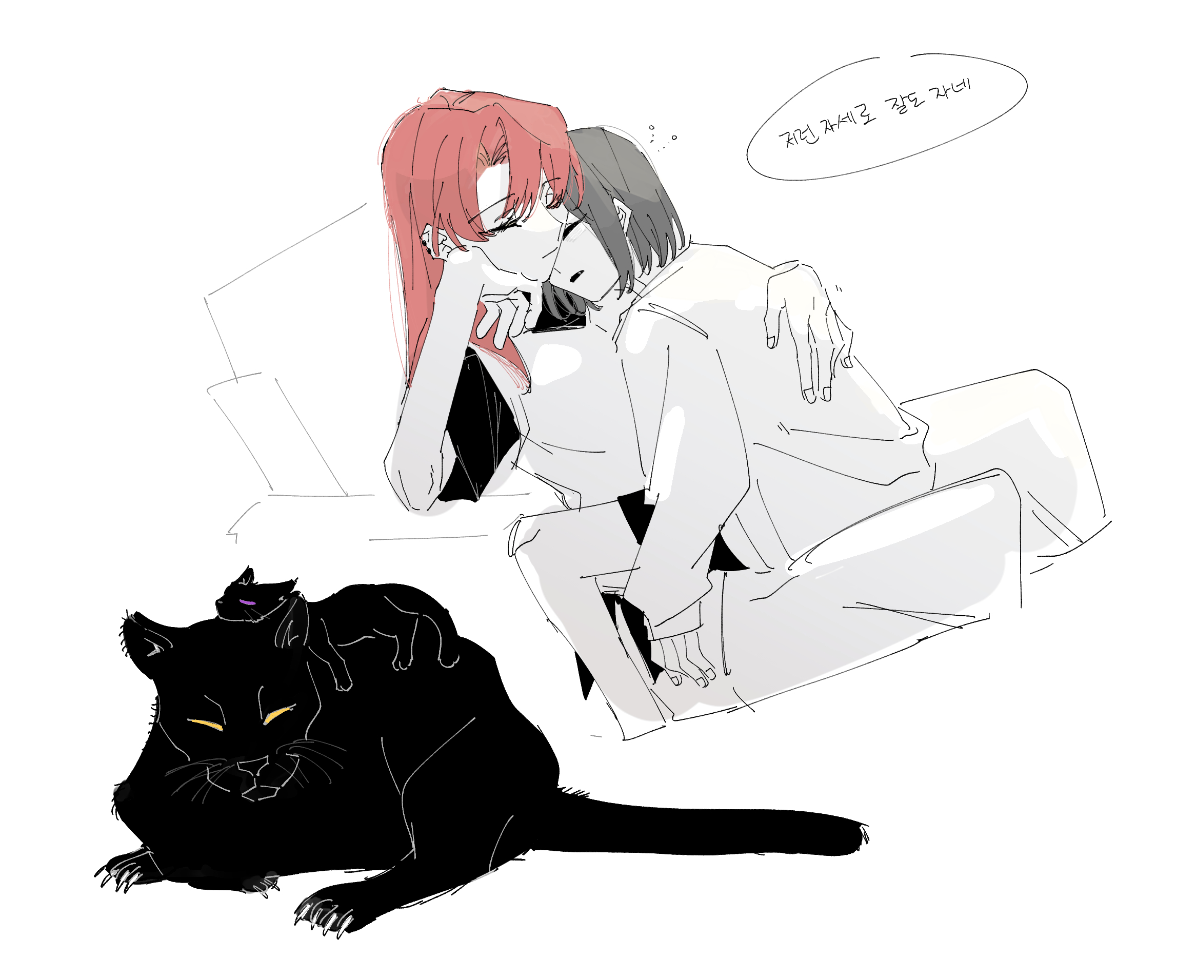 flffy11, original, commentary request, highres, korean commentary, translation request, 2girls, black hair, cat, closed eyes, closed mouth, korean text, long hair, long sleeves, multiple girls, parted lips, red hair, shirt, sleeping, speech bubble, white background, yuri