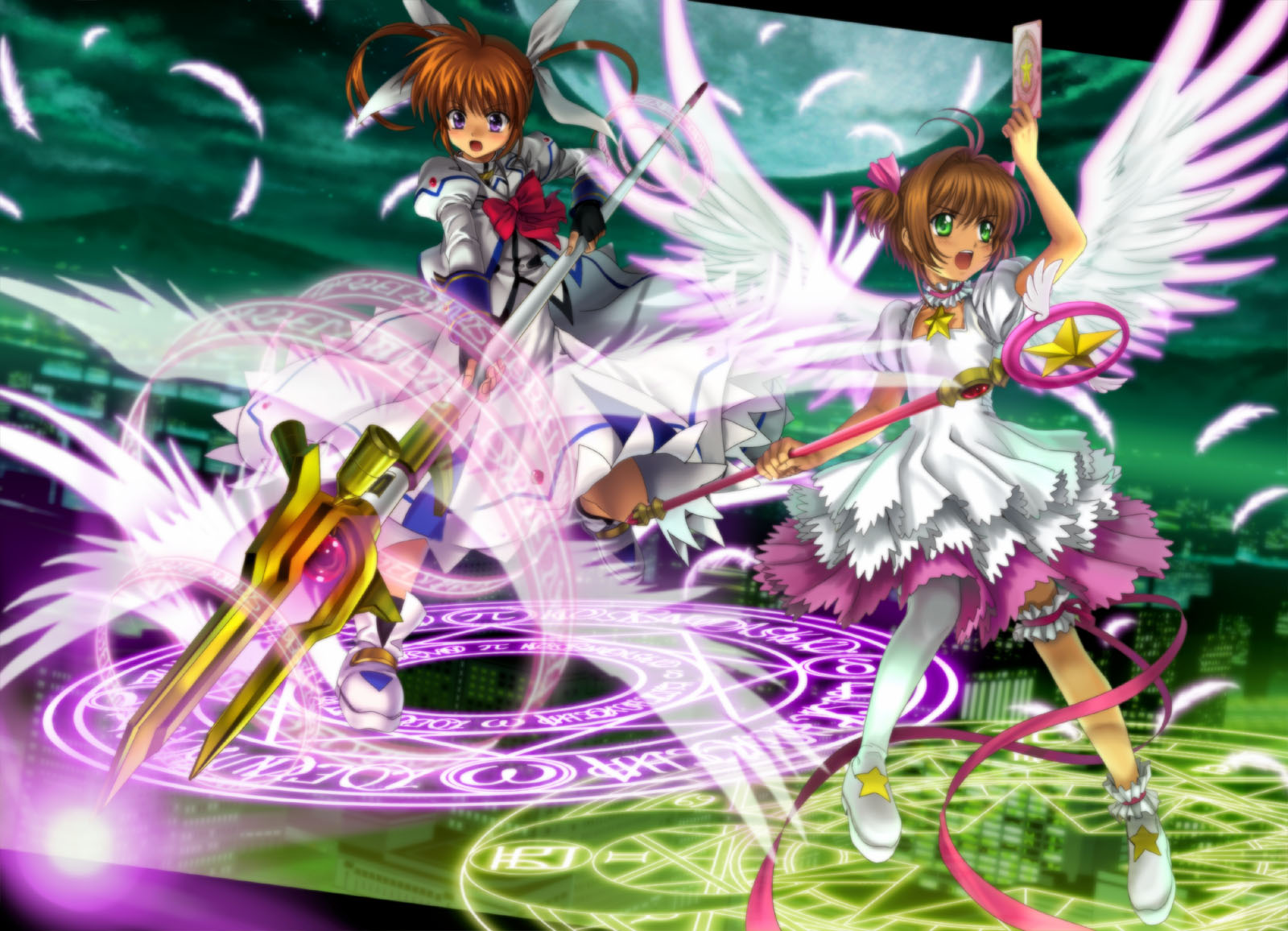 mutsuki (moonknives), kinomoto sakura, kinomoto sakura (astral sakura), raising heart, raising heart (buster mode), takamachi nanoha, takamachi nanoha (sacred mode), cardcaptor sakura, kodansha, lyrical nanoha, magical battle arena, mahou shoujo lyrical nanoha, mahou shoujo lyrical nanoha a's, seven arcs, highres, 00s, 1990s (style), 2girls, blush, bow, brown hair, child, crossover, dress, frilled thigh strap, green eyes, hoshi no tsue, magical girl, multiple girls, night, purple eyes, retro artstyle, staff, thigh strap, thighhighs, twintails, wings
