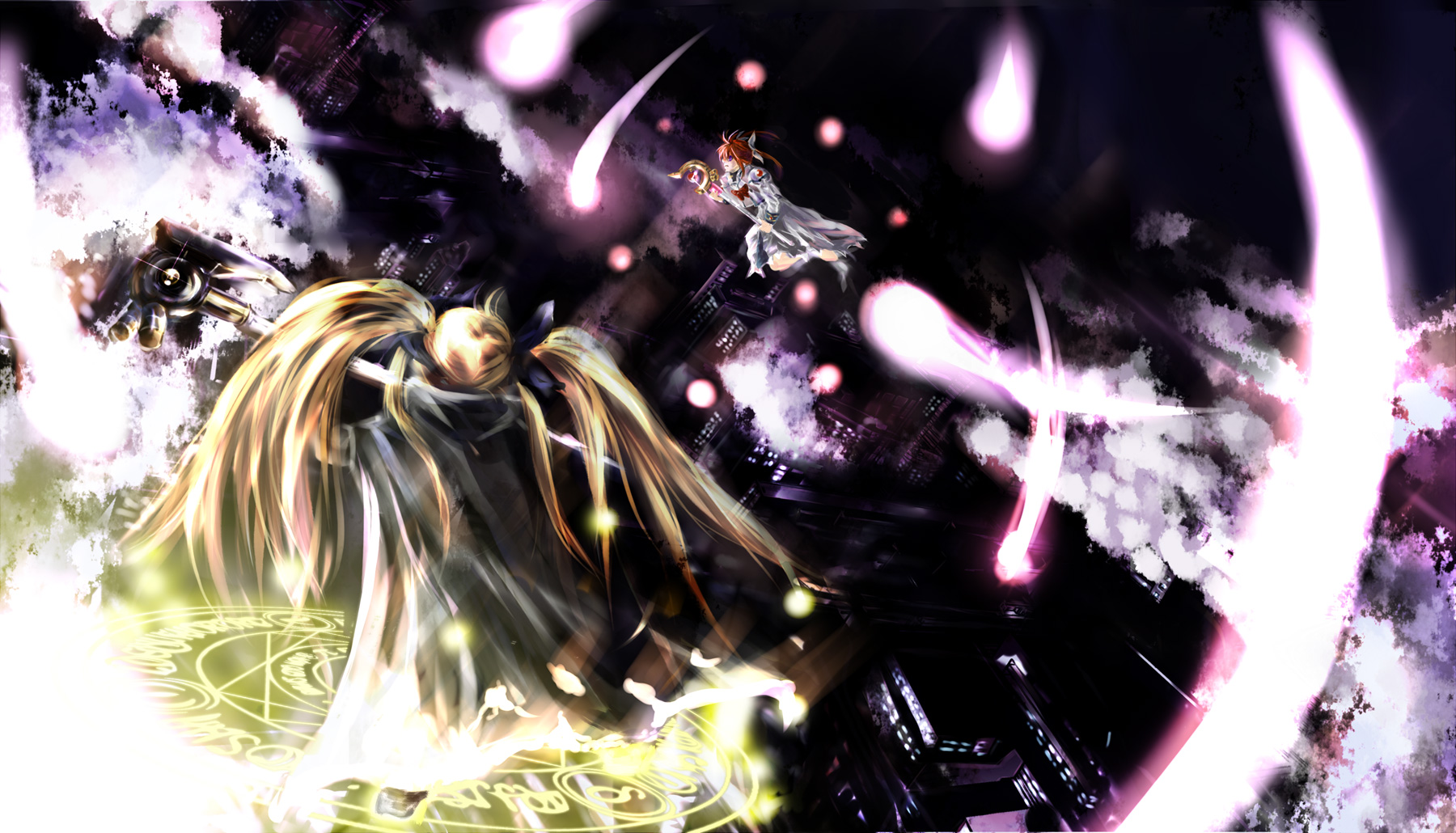 ego6, bardiche (device form) (nanoha), bardiche (nanoha), fate testarossa, fate testarossa (original form), raising heart, raising heart (device mode), takamachi nanoha, takamachi nanoha (original mode), lyrical nanoha, mahou shoujo lyrical nanoha, highres, 00s, 2girls, blonde hair, long hair, looking at viewer, magic, multiple girls, outstretched arms, very long hair