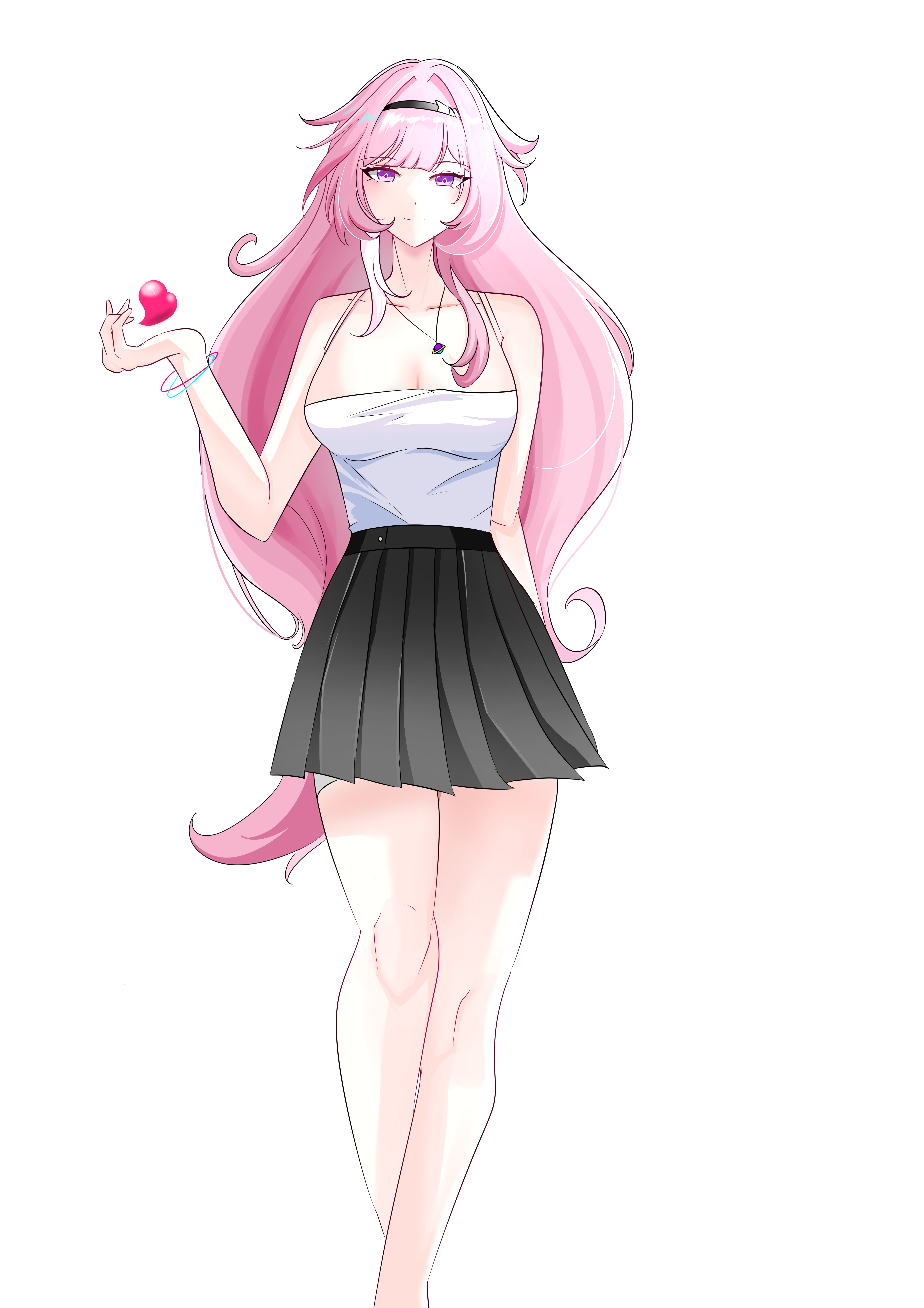 waist (chem5772), cyrene (honkai: star rail), cyrene (ripples of past reverie) (honkai: star rail), honkai: star rail, honkai (series), absurdres, commentary request, highres, korean commentary, 1girl, alternate costume, bare shoulders, black hairband, black skirt, breasts, cleavage, diamond-shaped pupils, diamond (shape), hairband, large breasts, long hair, looking at viewer, multicolored hair, pink hair, pleated skirt, purple eyes, simple background, skirt, solo, symbol-shaped pupils, tank top, thighs, two-tone hair, very long hair, white background, white hair, white tank top