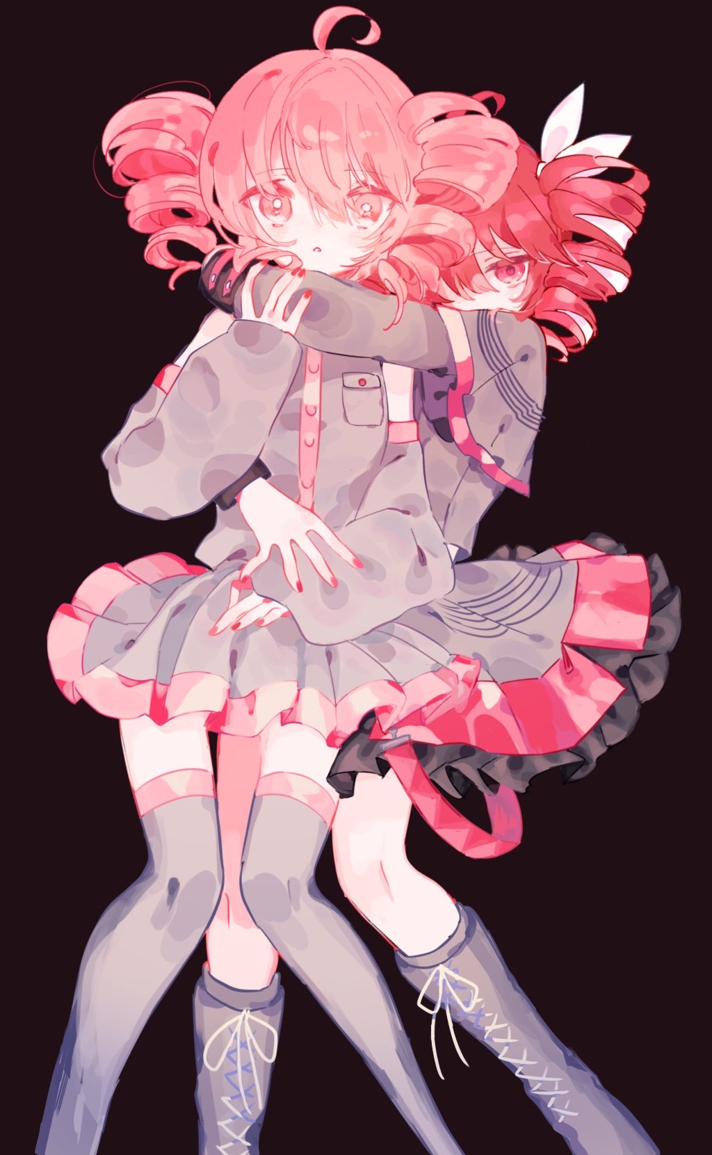 sucre (236rm), kasane teto, kasane teto (sv), kasane teto (utau), synthesizer v, utau, chinese commentary, commentary, highres, 2girls, :o, ||/, ahoge, bare shoulders, behind another, black background, boots, bow, breasts, bright pupils, buttons, detached sleeves, double-parted bangs, drill hair, dual persona, feet out of frame, frilled skirt, frilled sleeves, frills, grey boots, grey shirt, grey skirt, grey sleeves, grey thighhighs, hair between eyes, hair bow, hand on another's arm, hug, hug from behind, knee boots, knees together feet apart, lace-up boots, layered sleeves, long sleeves, looking at viewer, miniskirt, multiple girls, musical staff, musical staff print, nail polish, parted lips, pleated skirt, red eyes, red hair, red nails, red trim, shirt, short hair, short over long sleeves, short sleeves, simple background, skirt, sleeveless, sleeveless shirt, small breasts, standing, thighhighs, twin drills, white bow, white pupils, zettai ryouiki