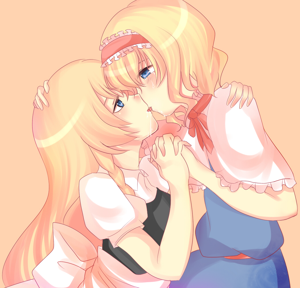uranaishi (miraura), alice margatroid, kirisame marisa, touhou, bad id, bad pixiv id, 2girls, blonde hair, blue eyes, blush, bow, bowtie, couple, crying, eye contact, female focus, french kiss, hairband, hand on another's head, hand on another's shoulder, happy, happy tears, holding hands, interlocked fingers, kiss, long hair, looking at another, multiple girls, saliva, short hair, tears, tongue, yuri