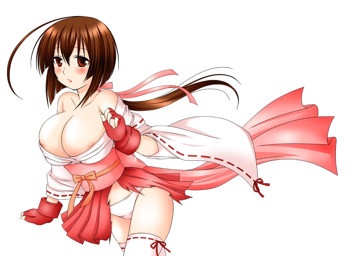hanapin, musubi, sekirei, 00s, ahoge, blush, breasts, brown eyes, brown hair, cleavage, fingerless gloves, gloves, hair ribbon, hanapin (pixiv), huge breasts, japanese clothes, long hair, nipple slip, nipples, panties, ribbon, solo, thighhighs, underwear, white panties