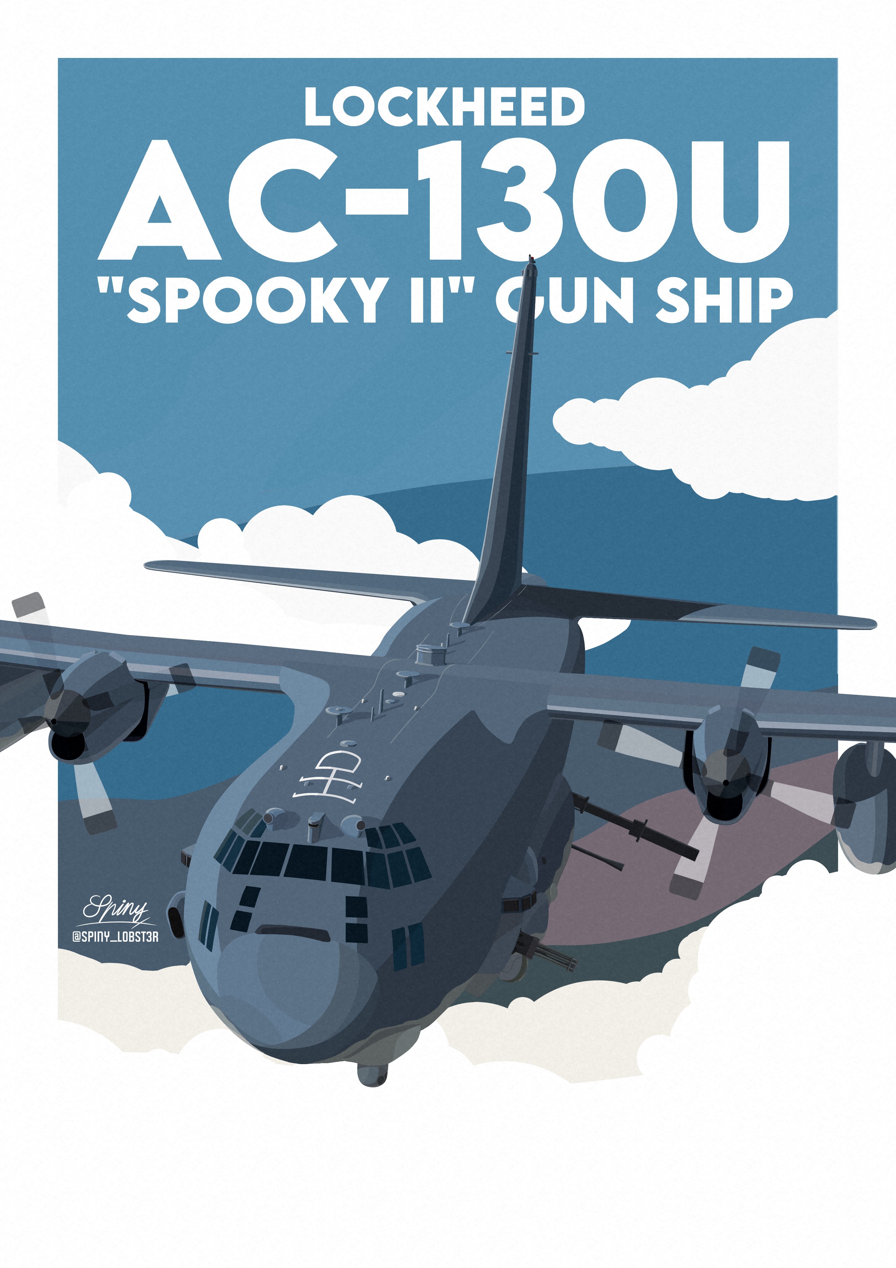 spiny (spiny lobster), original, united states air force, absurdres, commentary, english commentary, highres, ac-130 spectre, aircraft, airplane, artist name, blue sky, border, c-130 hercules, cloud, day, english text, flying, gunship, military, military vehicle, no humans, propeller, sky, twitter username, vehicle focus, vehicle name, white border