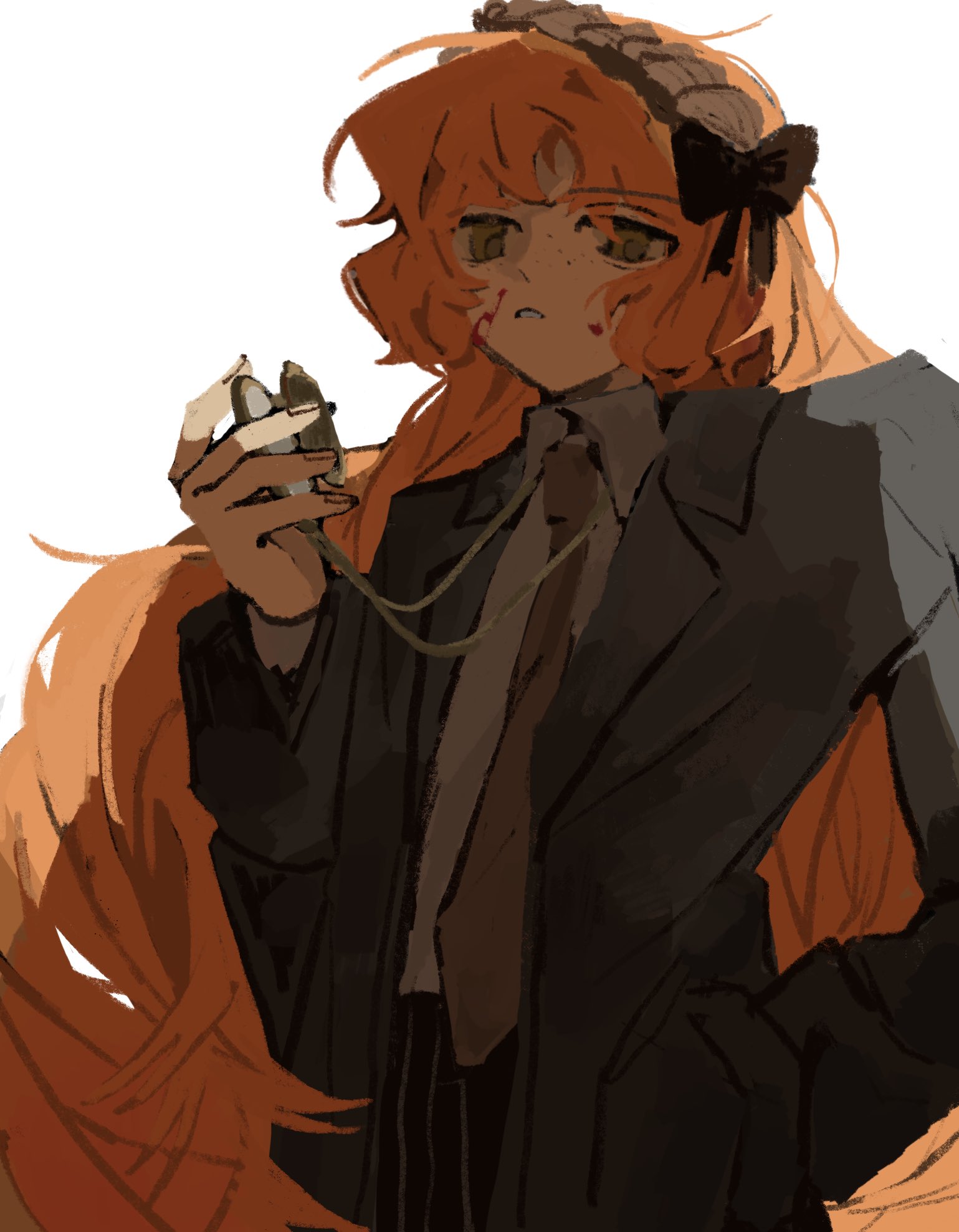 ishmael (project moon), limbus company, project moon, highres, 1girl, black bow, blood, blood on face, bow, brown hairband, bygone days (e.g.o), coat, collared shirt, e.g.o (project moon), flat chest, freckles, hair bow, hairband, holding, holding pendant, jacket, jewelry, lapels, locket, long hair, long sleeves, looking at viewer, necktie, notched lapels, orange hair, orange necktie, pants, pendant, pinstripe pants, pinstripe pattern, pt0m14o, shirt, sidelocks, simple background, solo, very long hair, white background, white shirt, yellow eyes
