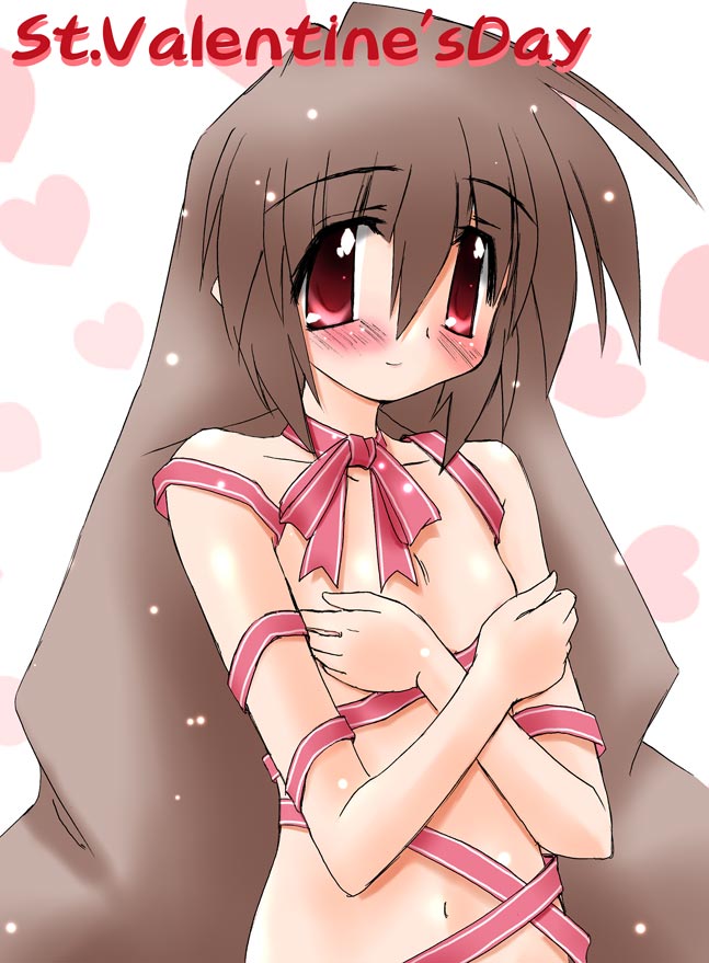 sugina fujitaka, nanase yae, torikoro, blush, brown hair, flat chest, long hair, navel, nude, red eyes, ribbon, solo