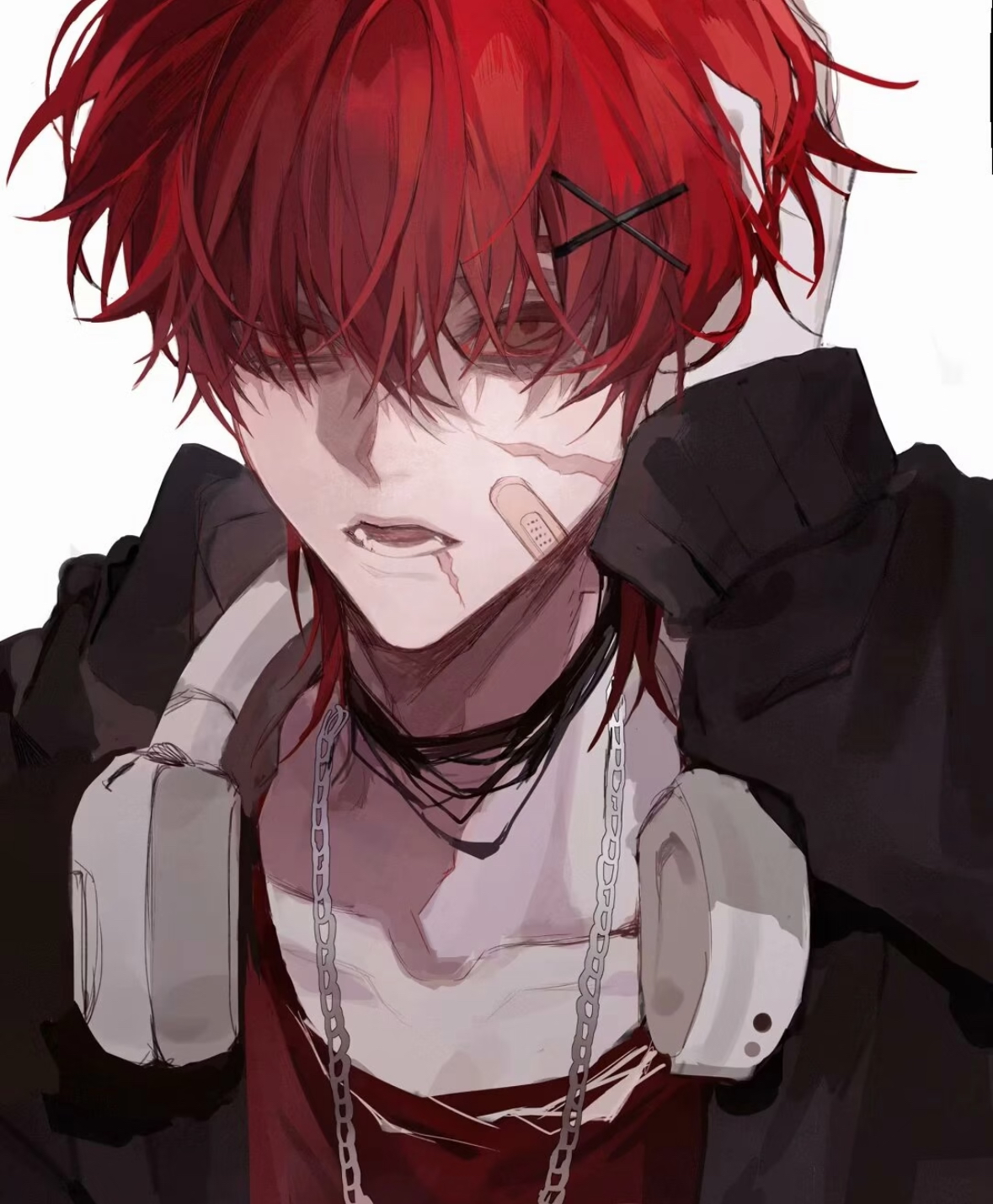 zhishiwan, original, half closed eyes, bad source, highres, 1boy, annoyed, arms up, black sleeves, chain, chain necklace, choker, close-up, collarbone, eyes visible through hair, from side, hair over one eye, headphones, headphones around neck, hood, hoodie, jacket, jewelry, lineart, long sleeves, looking at viewer, male focus, medium hair, messy hair, necklace, open mouth, pain, parted lips, portrait, red eyes, red hair, reference sheet, shirt, sketch, solo, straight-on, transparent background