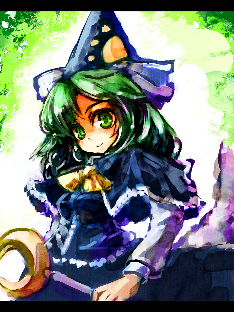 ukyo rst, mima (touhou), mystic square, touhou, touhou (pc-98), 1girl, bow, female focus, green eyes, green hair, hat, long hair, solo, standing, wizard hat