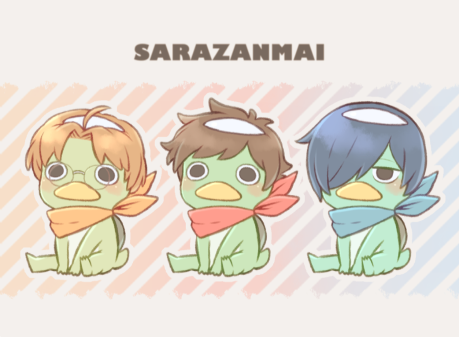 bn noru, jinnai enta, kuji toi, yasaka kazuki, sarazanmai, commentary request, ahoge, bandana, bandana around neck, blue bandana, brown hair, copyright name, hair over one eye, kappa, no humans, orange bandana, red bandana, round eyewear, short hair, sitting