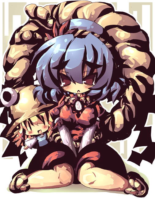 dango mushi, moriya suwako, yasaka kanako, touhou, silver hair, 1girl, brooch, dress, female focus, full body, gem, geta, hair ornament, jewelry, knees together feet apart, leaf hair ornament, looking at viewer, red dress, red eyes, rope, sitting, socks, solo, tabi, thick eyebrows, white socks