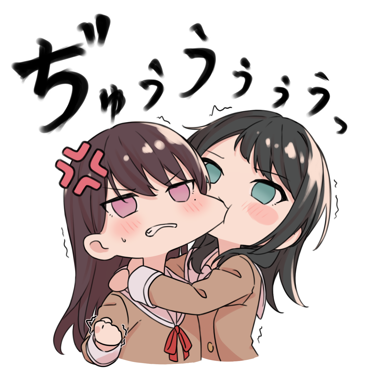 kanade (kanade 3344), shiina taki, yahata umiri, bang dream!, bang dream! it's mygo!!!!!, commentary request, highres, 2girls, anger vein, biting, biting cheek, black hair, blue eyes, blush, brown dress, brown hair, clenched hand, dress, hanasakigawa school uniform, hug, long hair, mole, mole under eye, multiple girls, neck ribbon, purple eyes, red ribbon, ribbon, sailor collar, sailor dress, school uniform, simple background, trembling, white background, white sailor collar, yuri