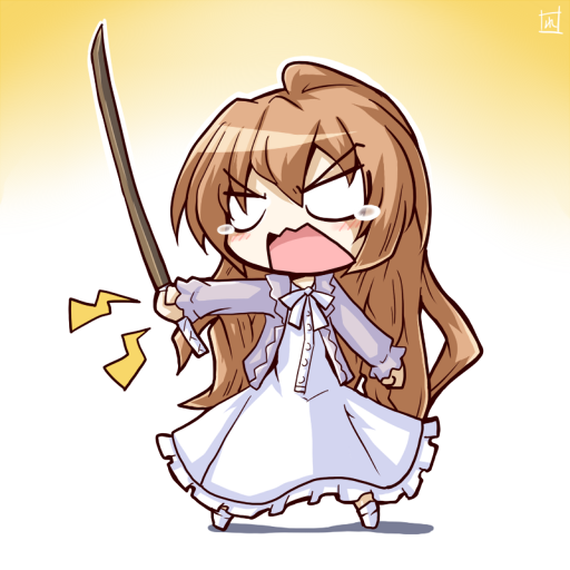 reku, rex (artist), aisaka taiga, toradora!, 00s, 1girl, angry, bokken, brown hair, chibi, female focus, full body, gradient background, lingerie, long hair, nightgown, solo, sword, tears, underwear, weapon, wooden sword