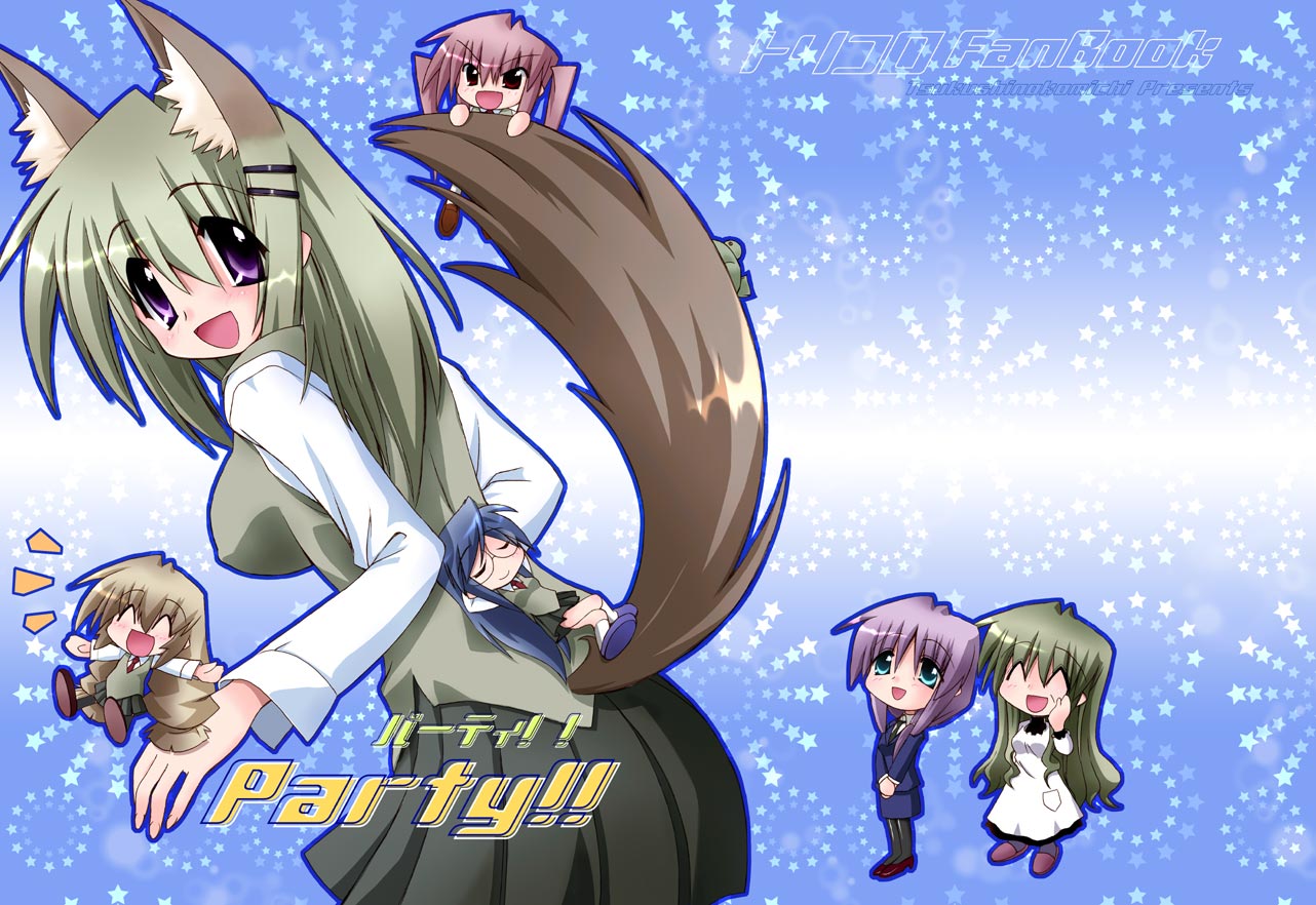 sugina fujitaka, aono makishi, nanase sachie, nanase yae, niwatazumi keiko, yuzaki tatami, torikoro, 6+girls, animal ears, apron, blue eyes, blue hair, brown hair, chibi, closed eyes, glasses, green hair, hair ornament, hairclip, multiple girls, purple eyes, red eyes, red hair, school uniform, serafuku, tail