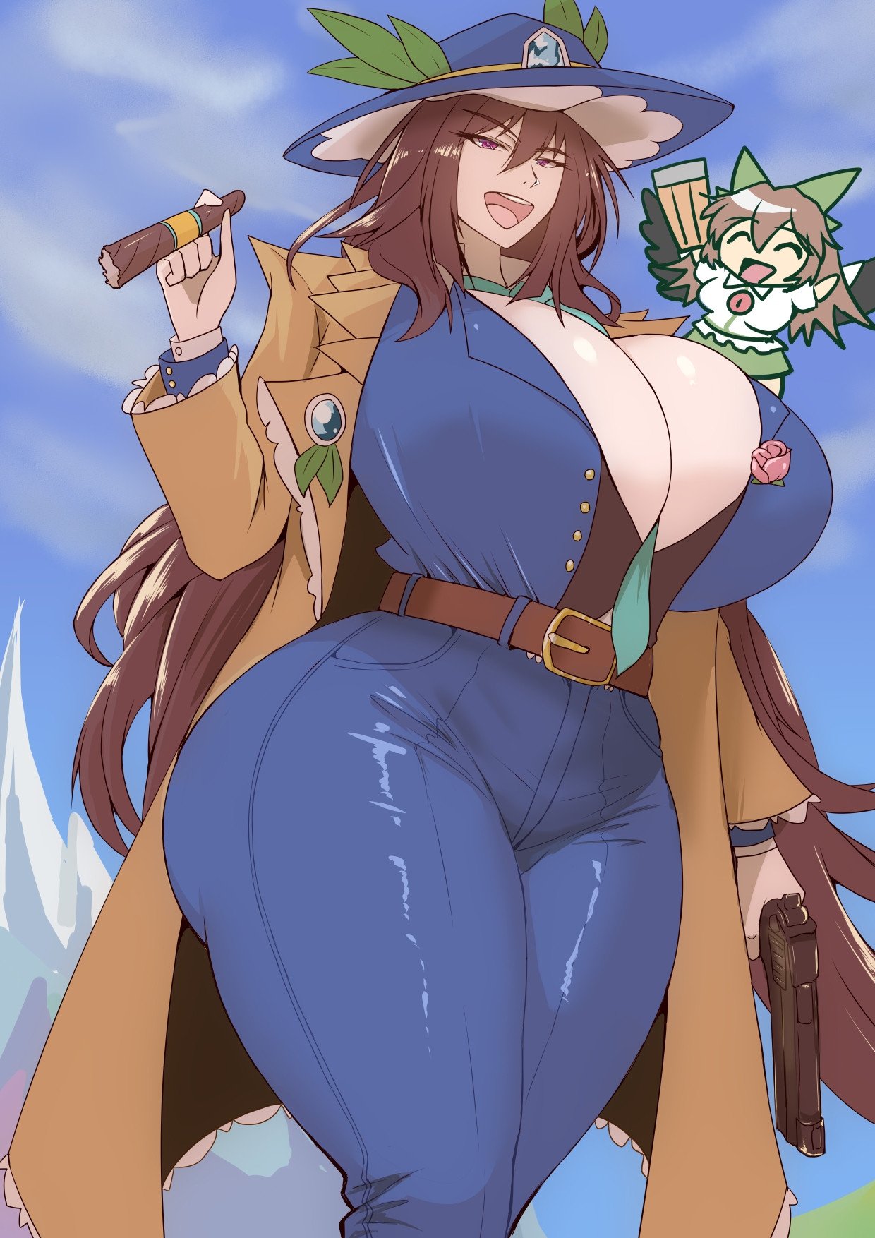 kakkoi elbertson, reiuji utsuho, gensokyo odyssey, touhou, highres, ass, beretta 92, blue suit, breasts, brown hair, cleavage, curvy, formal clothes, gun, handgun, huge ass, huge breasts, long hair, necktie, purple eyes, suit, thick thighs, thighs, weapon, wide hips