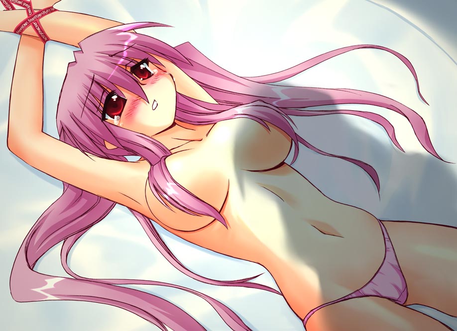sugina fujitaka, niwatazumi keiko, torikoro, 1girl, bdsm, blush, bondage, bound, breasts, female focus, large breasts, long hair, midriff, navel, panties, pink hair, red eyes, red hair, solo, tears, underwear