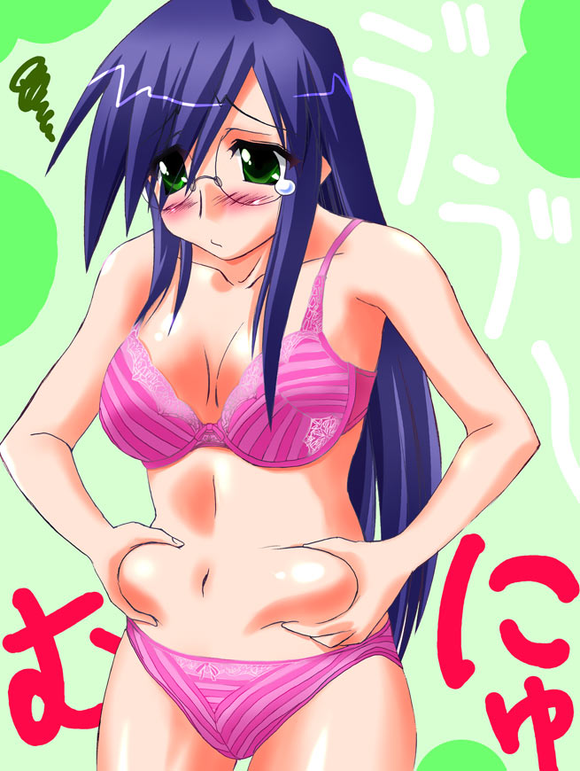 sugina fujitaka, aono makishi, torikoro, 1girl, belly grab, blue hair, blush, bra, breasts, female focus, glasses, green eyes, large breasts, lingerie, navel, panties, solo, tears, underwear, underwear only, weight conscious