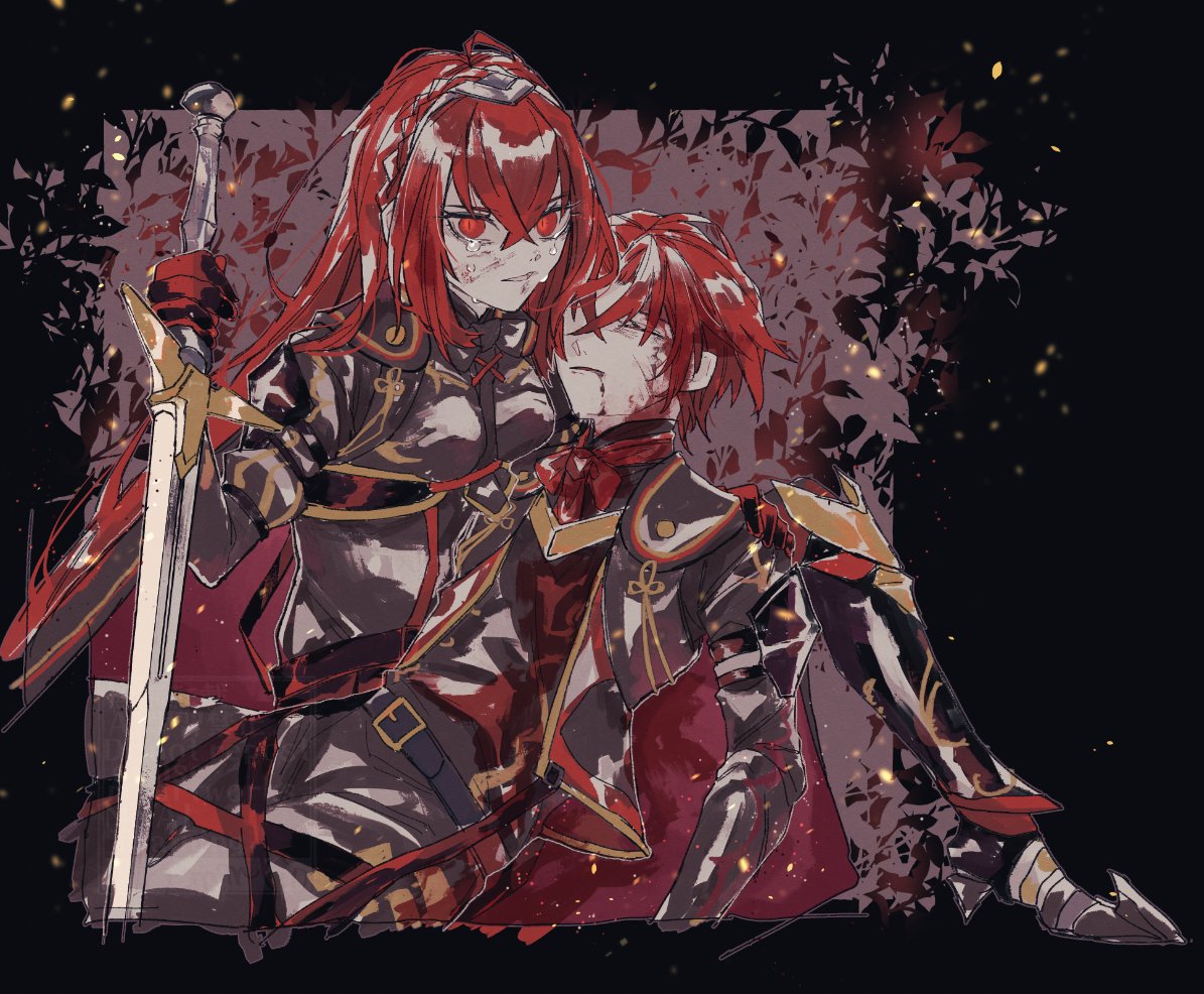 female alear (fell dragon) (fire emblem), female alear (fire emblem), female alear (red days past) (fire emblem), male alear (fell dragon) (fire emblem), male alear (fell dragon child) (fire emblem), male alear (fire emblem), fire emblem, fire emblem engage, nintendo, 1boy, 1girl, amamorimori, crossed bangs, dark persona, looking at viewer, official alternate color, official alternate eye color, official alternate hair color, red eyes, red hair, tiara