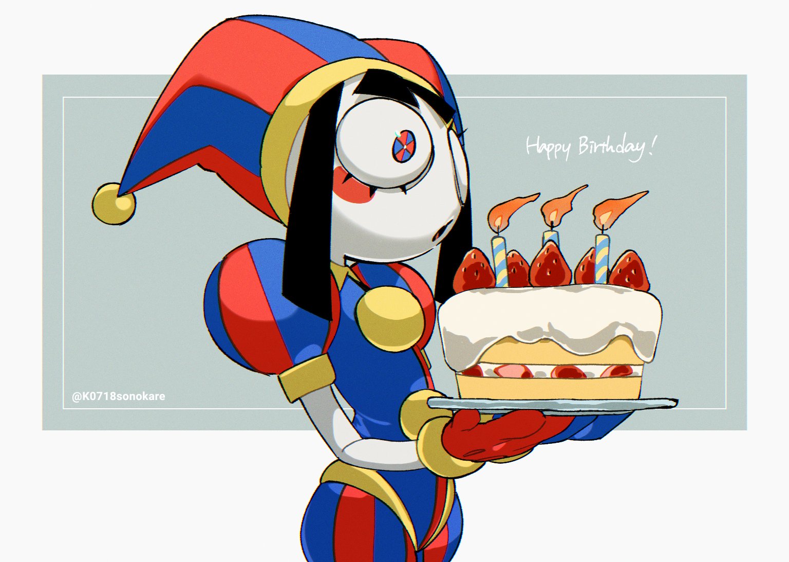 sonokare, pomni (the amazing digital circus), the amazing digital circus, bad id, bad twitter id, inactive account, 1girl, :o, asymmetrical gloves, blowing candle, blue bodysuit, blue eyes, blue gloves, blue hat, bodysuit, border, bright pupils, buttons, cake, candle, chromatic aberration, circle facial mark, collared bodysuit, colored skin, cowboy shot, fewer digits, film grain, food, fruit, gloves, grey background, happy birthday, hat, holding, holding plate, inset border, jester, jester cap, mismatched gloves, multicolored eyes, open mouth, plate, puffy short sleeves, puffy sleeves, red bodysuit, red eyes, red gloves, red hat, short hair, short sleeves, simple background, solo, standing, strawberry, strawberry cake, striped clothes, striped hat, striped headwear, tongue, twitter username, two-tone bodysuit, two-tone eyes, two-tone hat, two-tone headwear, vertical-striped bodysuit, vertical-striped clothes, vertical-striped headwear, white border, white pupils, white skin