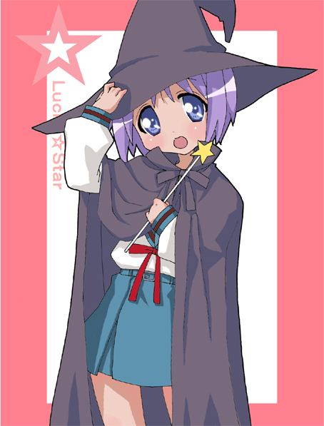heppoko r, heppoko r (pixiv147966), hiiragi tsukasa, nagato yuki, lucky star, suzumiya haruhi no yuuutsu, bad id, bad pixiv id, cape, cosplay, hat, nagato yuki (cosplay), solo, wand, witch hat