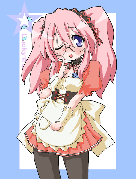 heppoko r, heppoko r (pixiv147966), asahina mikuru, takara miyuki, lucky star, suzumiya haruhi no yuuutsu, bad id, bad pixiv id, 1girl, alternate costume, asahina mikuru (cosplay), blush, cosplay, enmaided, female focus, glasses, maid, one eye closed, pantyhose, solo, wink