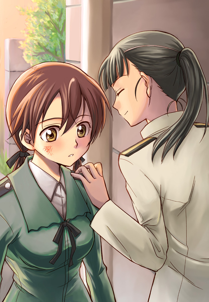 niina ryou, gertrud barkhorn, sakamoto mio, strike witches, world witches series, bad id, bad pixiv id, 00s, 2girls, blush, closed eyes, military, military uniform, multiple girls, ponytail