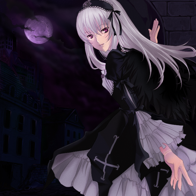 kaworu, suigintou, rozen maiden, silver hair, bad id, bad pixiv id, 00s, doll joints, dress, frills, hairband, headband, joints, long hair, moon, purple eyes, solo, wings
