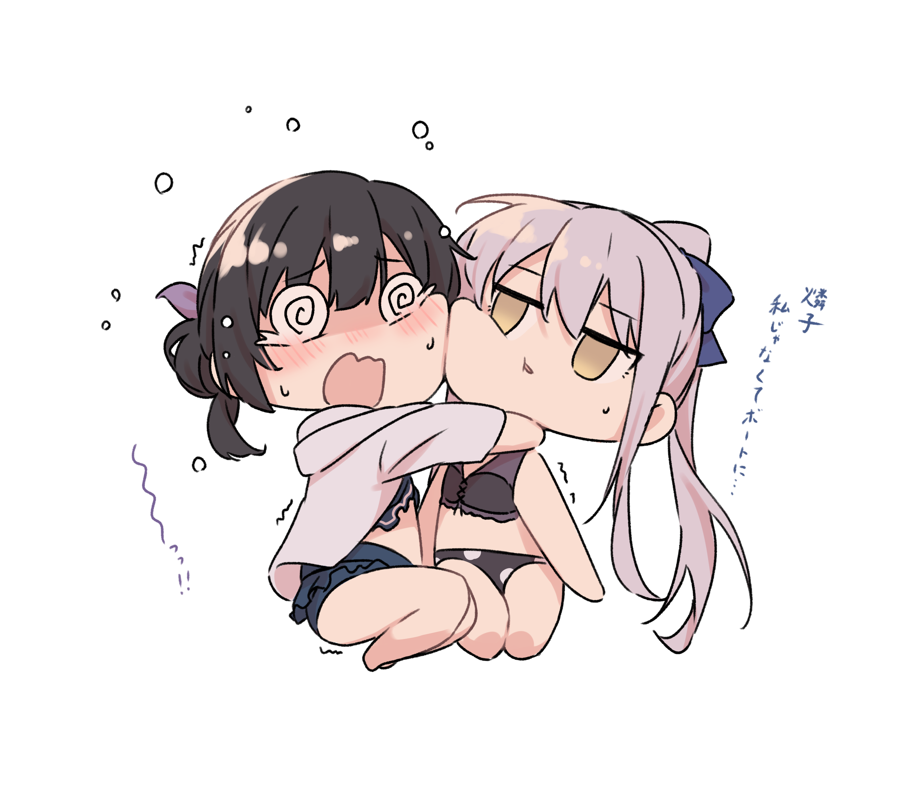 kanade (kanade 3344), minato yuki, shirokane rinko, bang dream!, absurdres, commentary request, highres, translation request, 2girls, @ @, bikini, black bikini, black hair, blue bikini, blush, brown eyes, cheek-to-cheek, cheek squash, chibi, grey hair, hair bun, heads together, long hair, multiple girls, open mouth, ponytail, scared, short hair, sidelocks, single hair bun, stomach, swimsuit