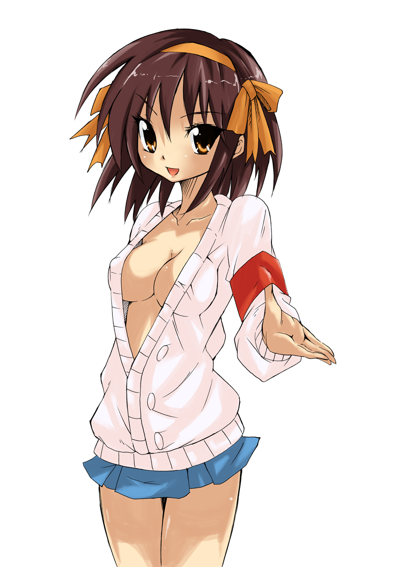 toru k, suzumiya haruhi, suzumiya haruhi no yuuutsu, bad id, bad pixiv id, 00s, 1girl, armband, artistic error, bad anatomy, breasts, brown hair, cleavage, covered erect nipples, female focus, hair ribbon, hairband, happy, medium breasts, no bra, open clothes, open shirt, outstretched arm, outstretched hand, poorly drawn, reaching, ribbon, shirt, short hair, skirt, solo, sweater, yellow eyes