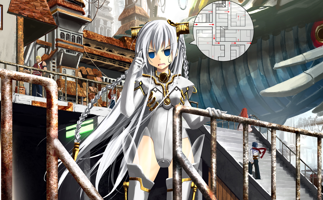 kouji (astral reverie), shurelia (ar tonelico), ar tonelico, ar tonelico i, gust, looking away, >:o, 00s, 1girl, 3boys, :o, ?, architecture, arrow (symbol), blonde hair, blue eyes, blue hair, braid, building, city, confused, empty eyes, flat chest, gloves, hair ornament, headgear, lace, ladder, leotard, long hair, lost (state), map, multiple boys, open mouth, outdoors, pants, railing, red hair, scarf, see-through clothes, shirt, short hair, solo focus, speech bubble, stairs, standing, sweatdrop, thighhighs, turtleneck, twin braids, v-shaped eyebrows, very long hair, white gloves, white hair, white thighhighs