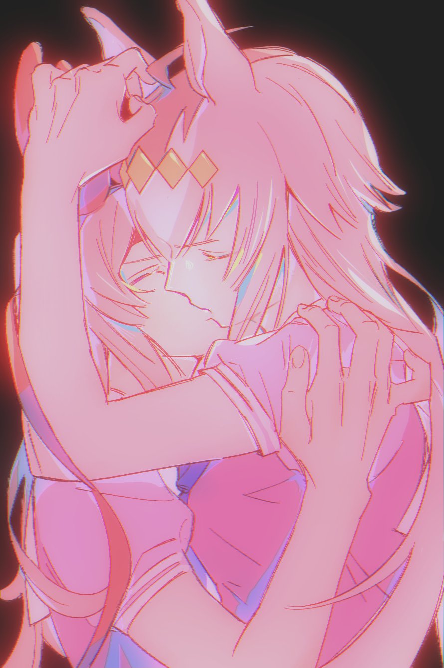 oguri cap (umamusume), tamamo cross (umamusume), umamusume, umamusume: cinderella gray, commentary, hashtag-only commentary, highres, 2girls, animal ears, black background, closed eyes, hand on another's shoulder, horse ears, horse girl, kiss, long hair, multiple girls, nooctadesu, purple shirt, school uniform, shirt, short sleeves, simple background, tracen school uniform, upper body, yuri