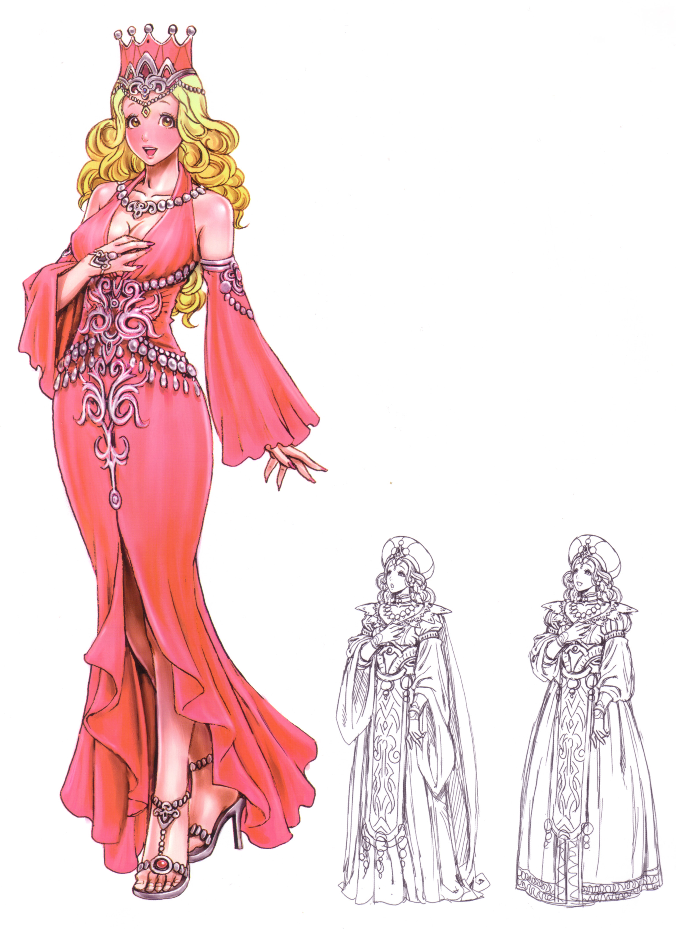 yamashita shun'ya, wild flower, toeless footwear, absurdres, highres, non-web source, 1girl, blonde hair, breasts, cleavage, crown, detached sleeves, dress, feet, fingernails, full body, gem, halterneck, hat, high heel sandals, high heels, jewelry, large breasts, long fingernails, long hair, necklace, open shoes, red gemstone, sandals, shoes, simple background, toes, white background, wide hips, yellow eyes
