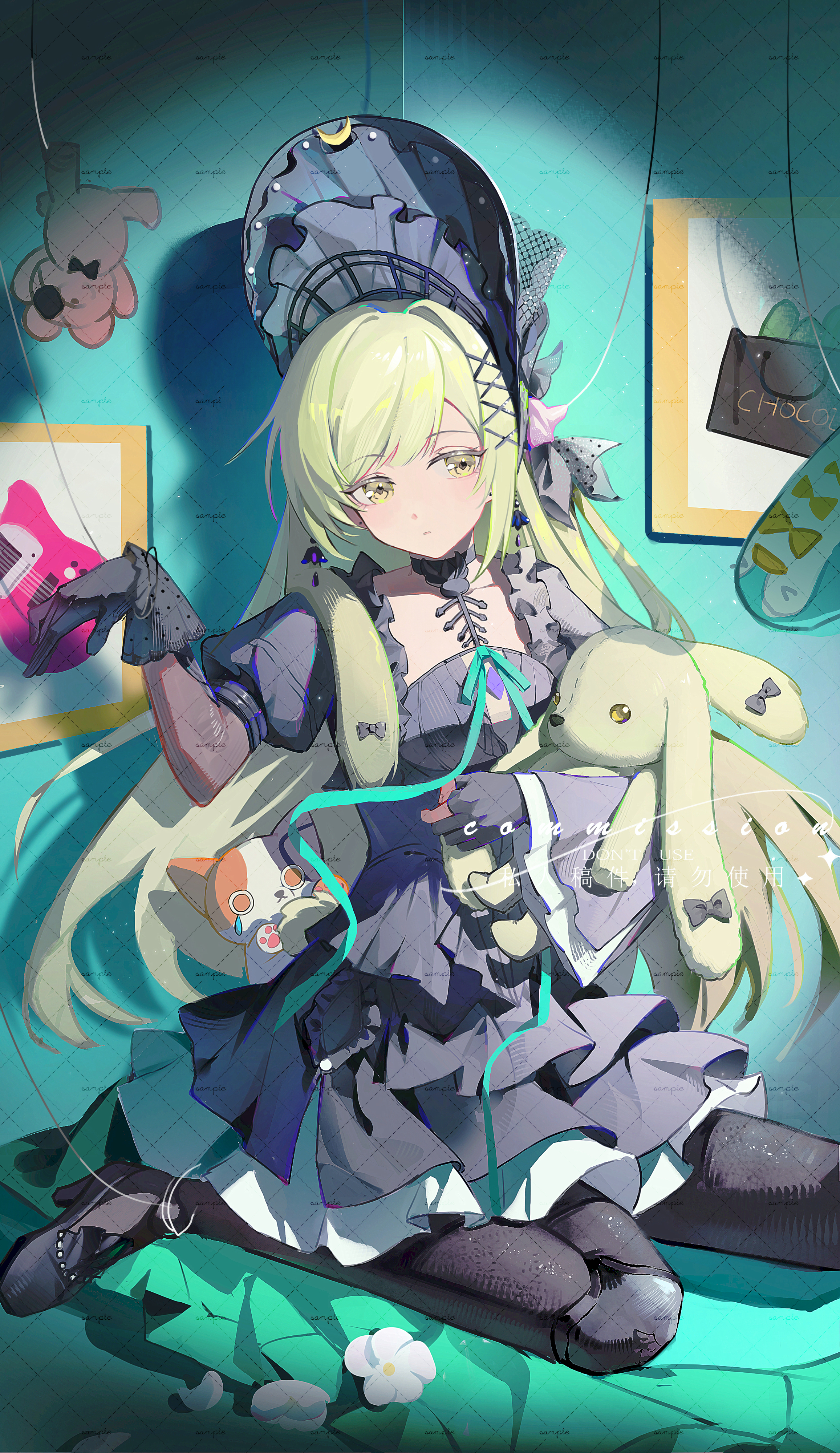 karakara (974070547), wakaba mutsumi, wakaba mutsumi (marionette's id), arknights, bang dream!, bang dream! it's mygo!!!!!, absurdres, commission, highres, 1girl, animal ears, black bonnet, black dress, black gloves, black pantyhose, black shoes, bonnet, closed mouth, doll joints, dress, floppy ears, frilled dress, frills, full body, gloves, gothic lolita, green hair, guitar, hair ornament, hand up, high heels, holding, holding stuffed toy, instrument, joints, lolita fashion, long hair, long sleeves, looking at viewer, pantyhose, picture frame, puppet strings, rabbit ears, rabbit girl, shoes, sidelocks, sitting, solo, stuffed animal, stuffed cat, stuffed rabbit, stuffed toy, watermark, watermark grid, x hair ornament, yellow eyes