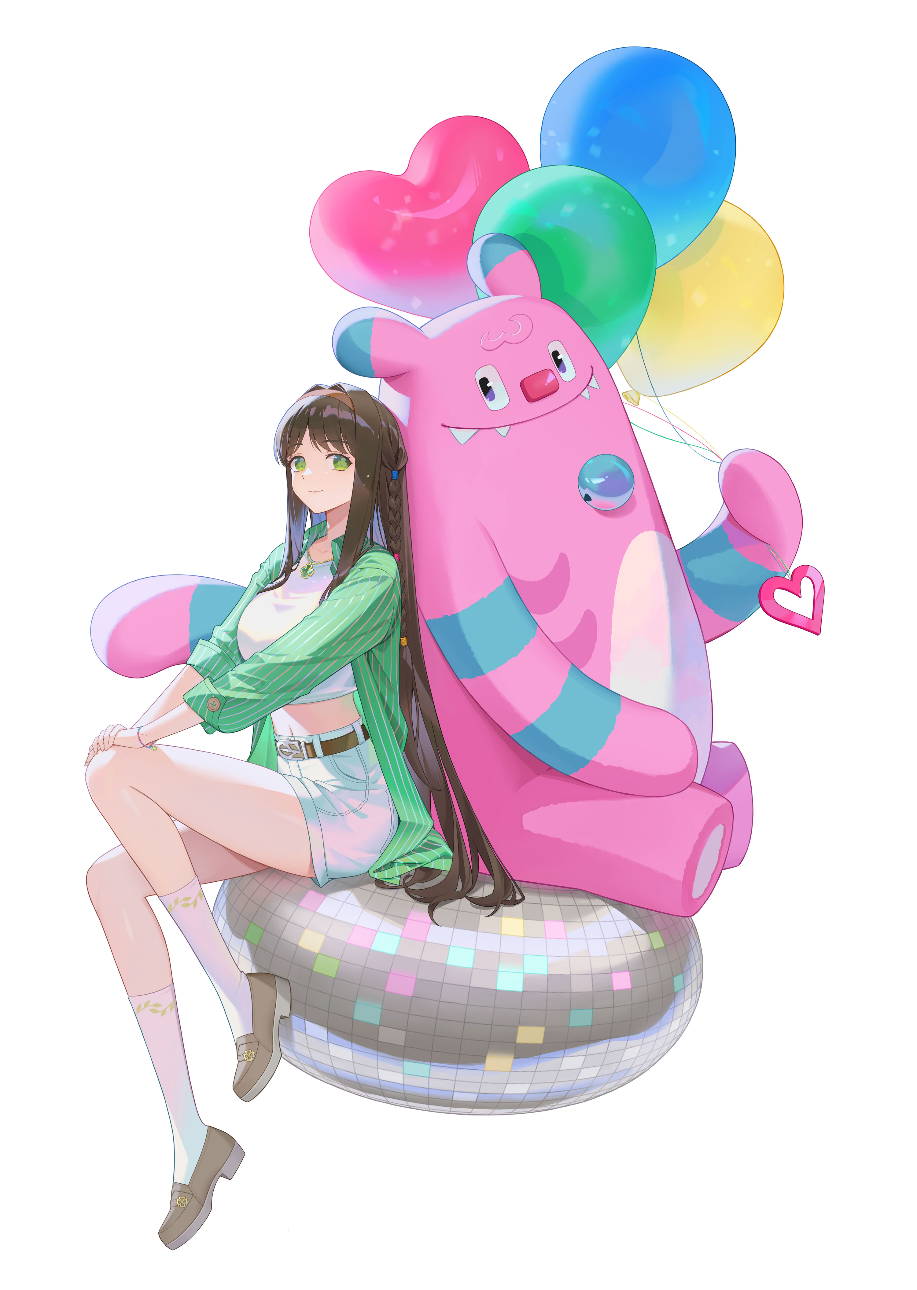 ddollydonut, gweon sua, black survival, eternal return: black survival, absurdres, highres, korean commentary, official art, 1girl, balloon, belt, braid, brown belt, brown hair, brown hairband, brown shoes, closed mouth, collarbone, collared shirt, crop top, green eyes, green shirt, green socks, grey shoes, hair over shoulder, hairband, heart balloon, hechi (mascot), jewelry, kneehighs, legs, long hair, looking at viewer, mascot, midriff, miniskirt, multicolored shoes, multicolored socks, open clothes, open shirt, shirt, shoes, simple background, sitting, skirt, socks, striped clothes, striped shirt, symbol-shaped pupils, thighs, two-tone shoes, two-tone socks, white background, white skirt, white socks