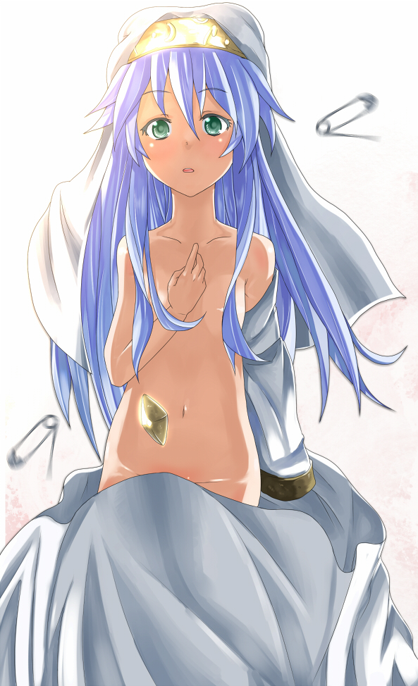 ryouma (galley), index (toaru majutsu no index), toaru majutsu no index, toaru majutsu no index: old testament, bad id, bad pixiv id, 00s, blue hair, flat chest, green eyes, loli, long hair, navel, nude, safety pin, solo, undressing, wardrobe malfunction